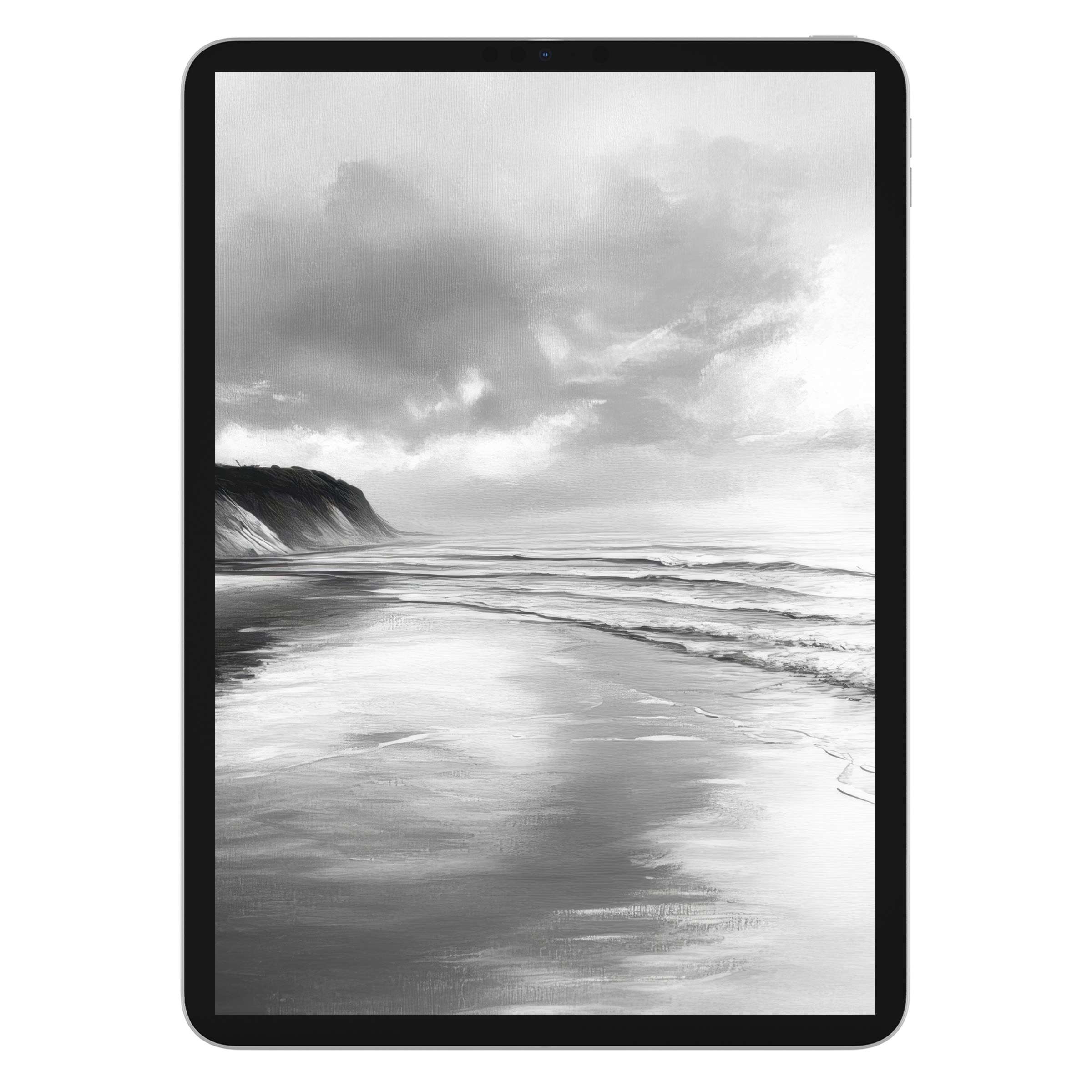 Serene black and white iPad wallpaper featuring a dreamy seascape, perfect digital download for any tablet background lovers