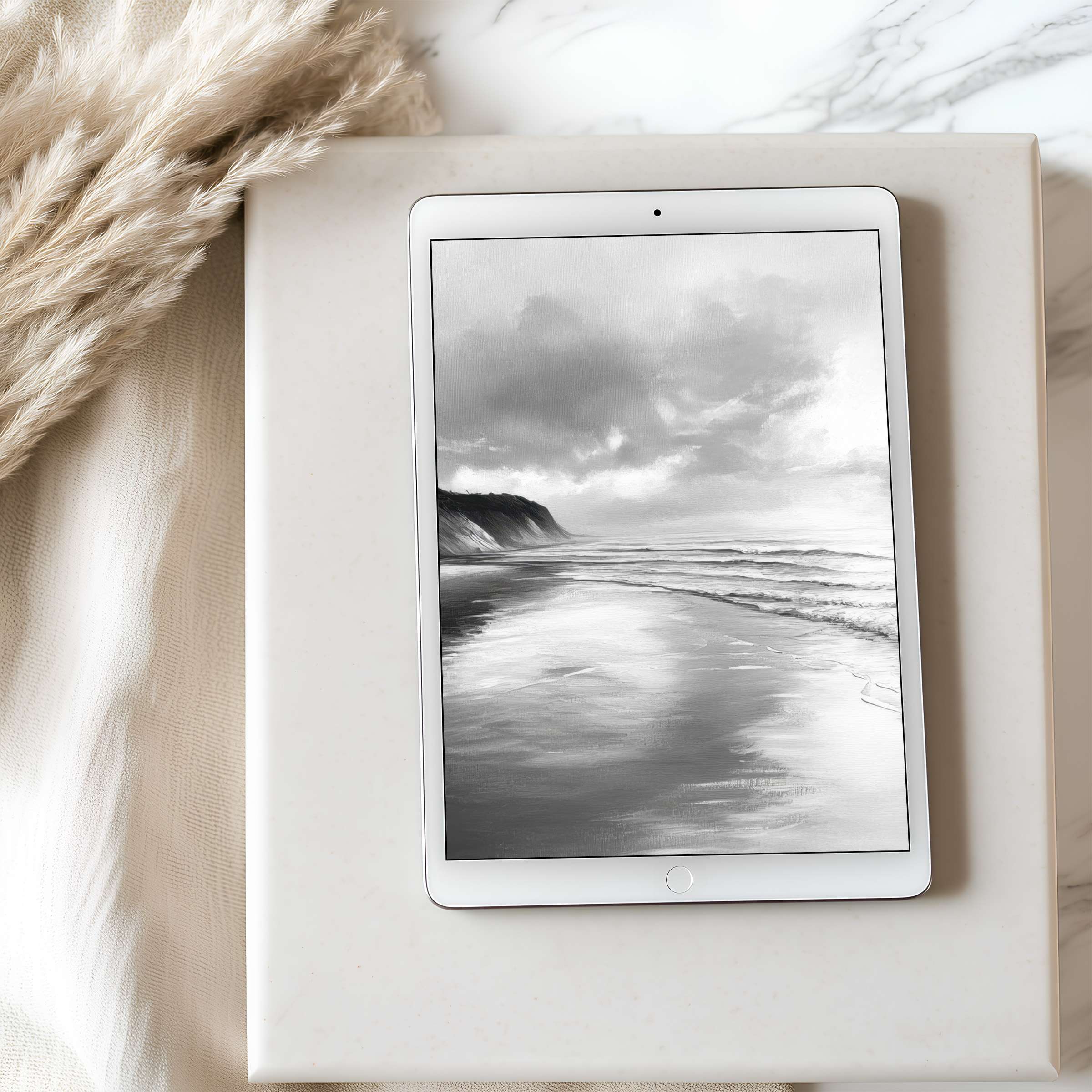 Elegant coastal black-and-white tablet wallpaper with serene waves, perfect for iPad background, high resolution, digital download