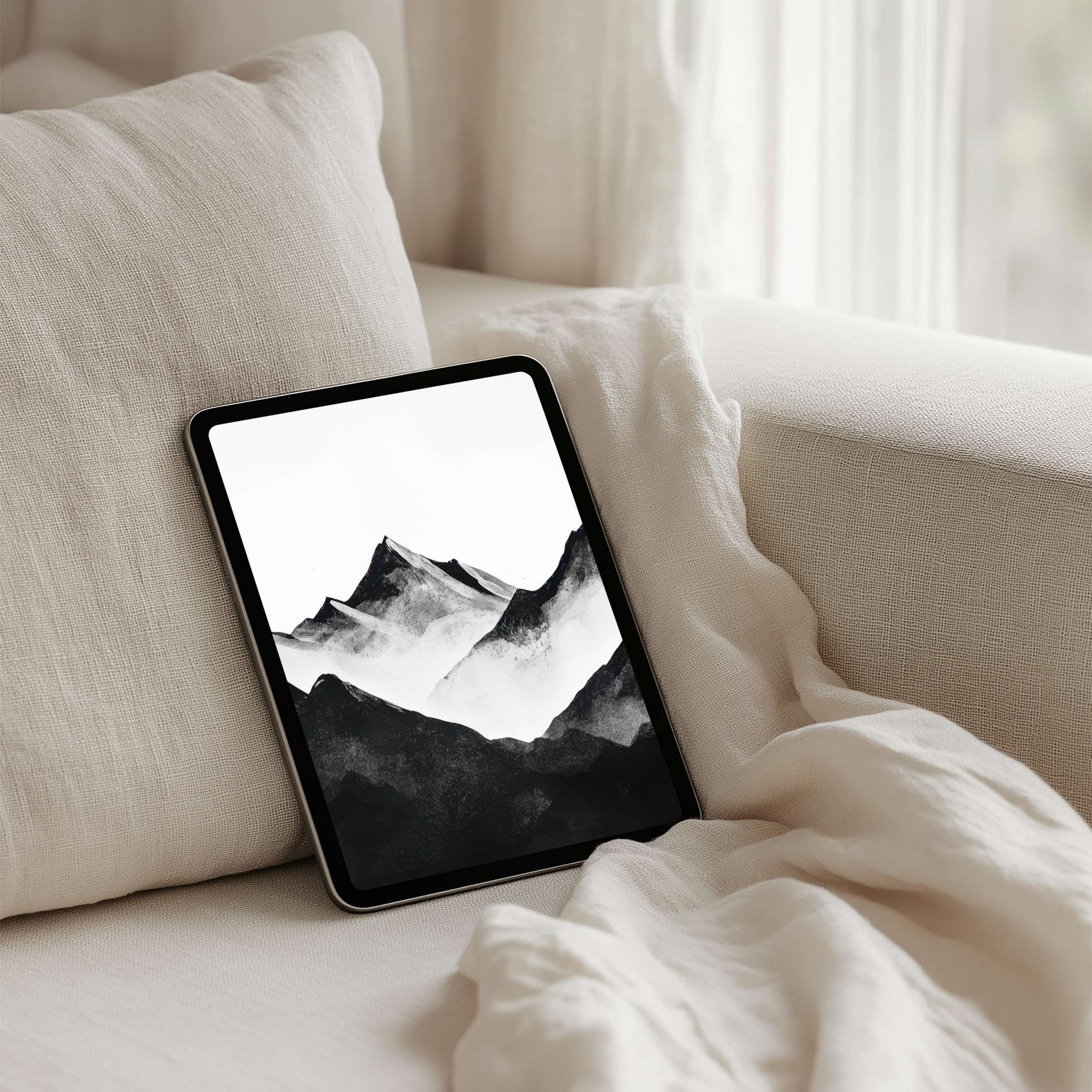 Elegant black-and-white mountain art for iPad background adds calm inspiration to your tablet space instant download for mindfulness