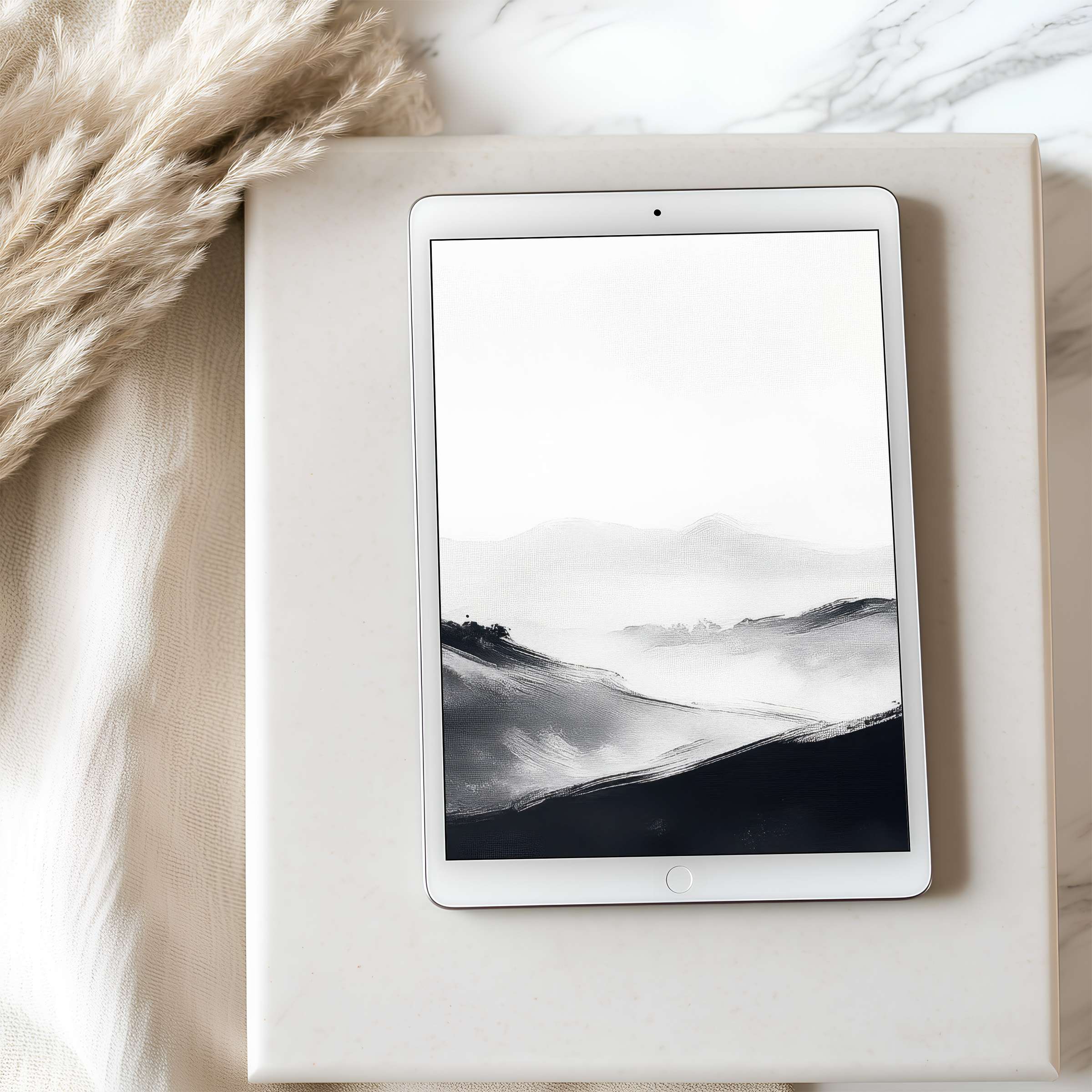 Serene tablet wallpaper featuring monochrome mountain art in high resolution on an iPad, perfect for digital download and calm interiors