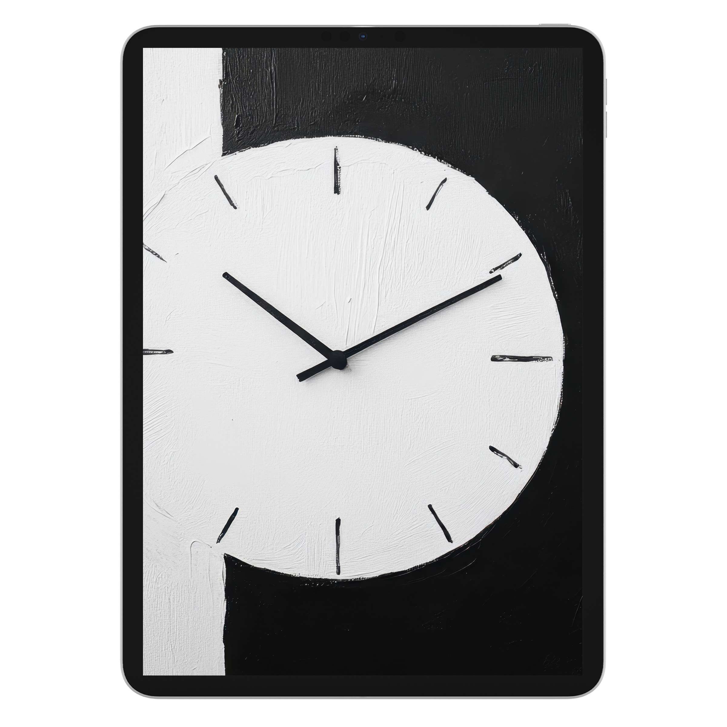 Elegant black and white iPad wallpaper featuring a textured clock design perfect for digital download on any tablet background