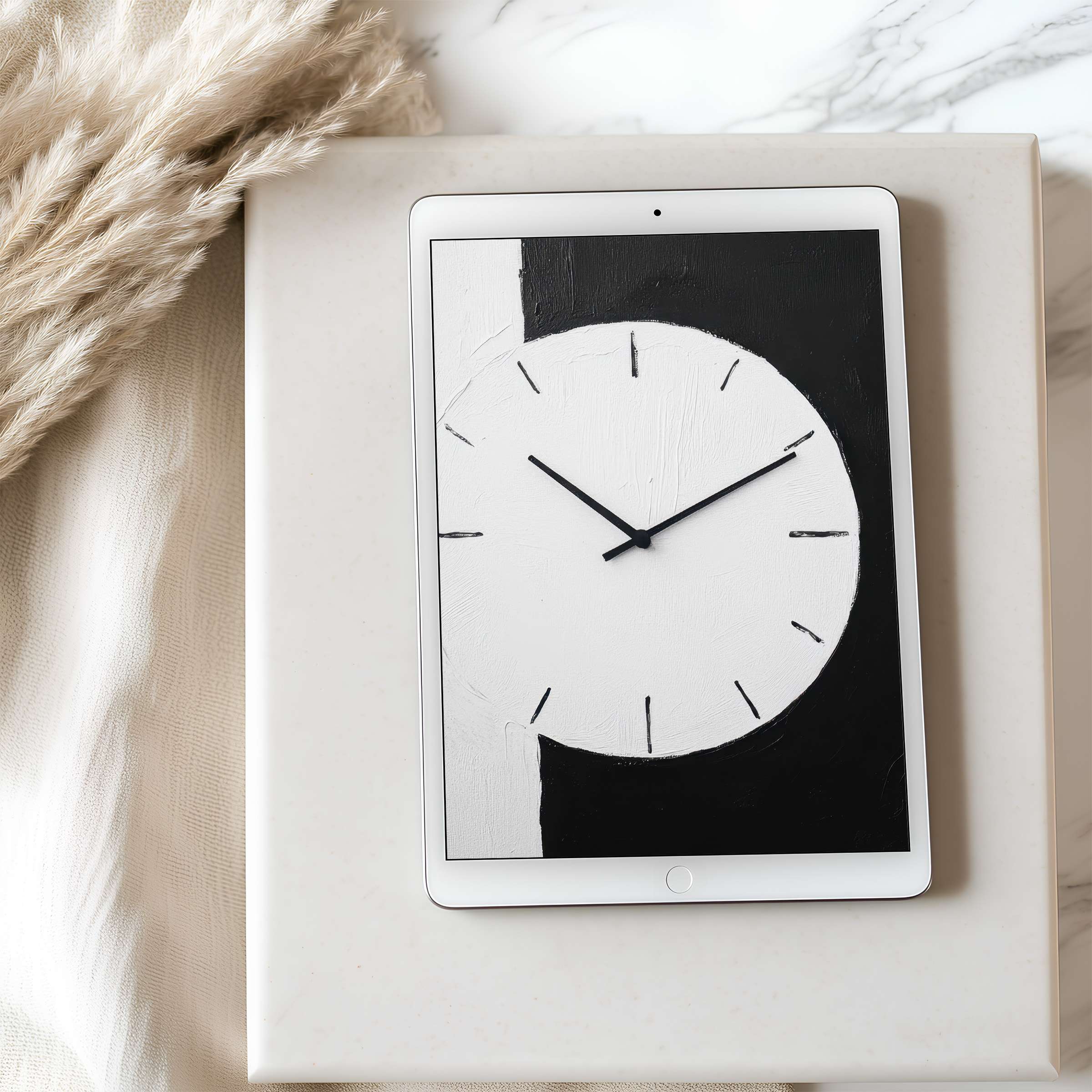 Elegant black and white clock design tablet wallpaper for iPad, high resolution digital download, enhancing calm interiors effortlessly