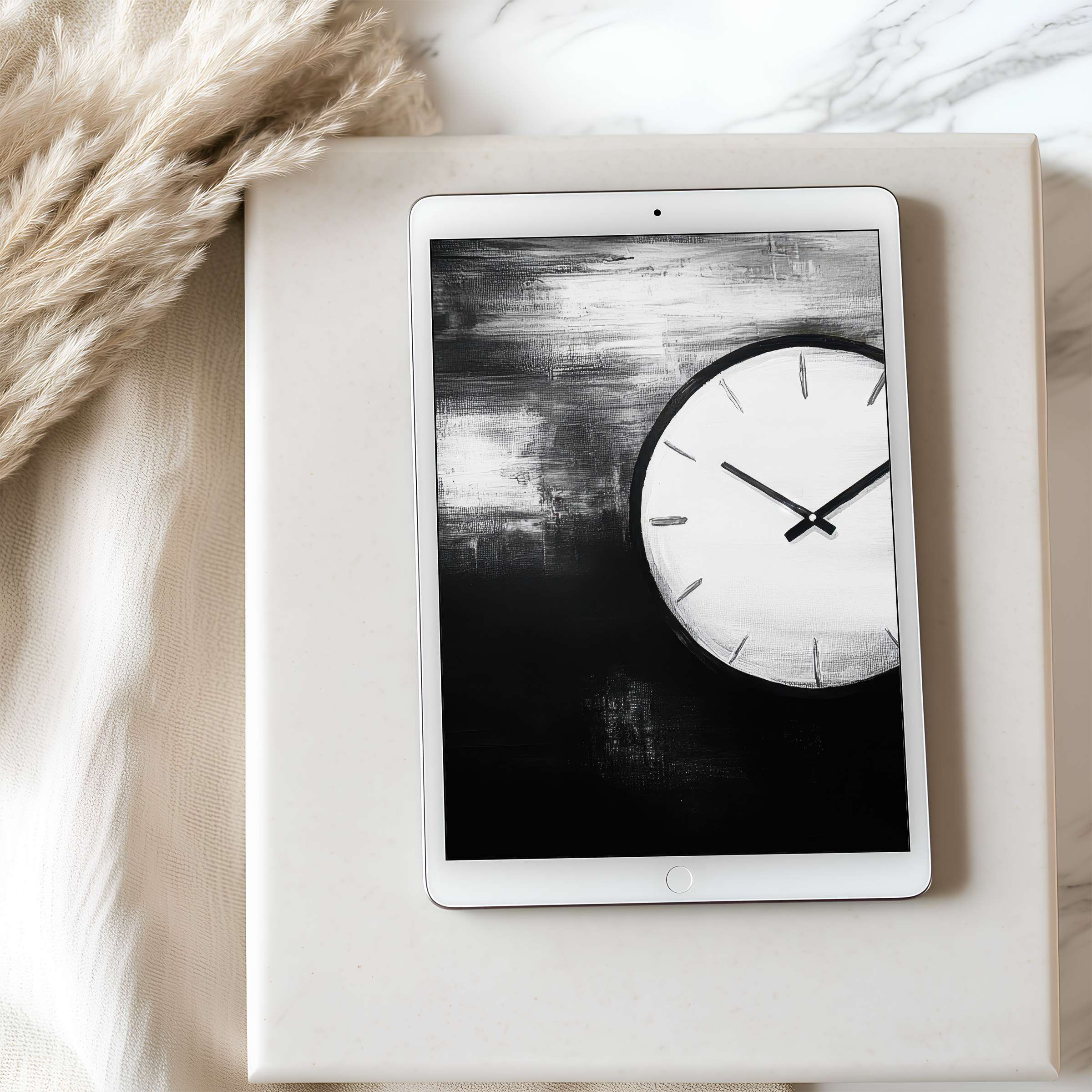 Elegant black-and-white clock digital art enhances your tablet wallpaper, offering a serene high resolution for iPad and Android