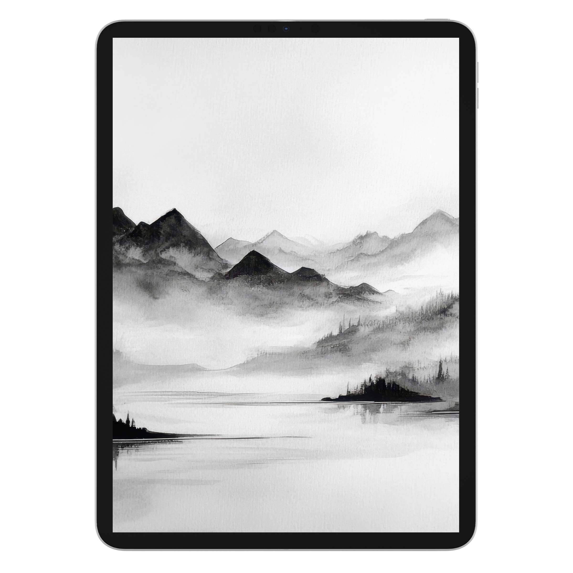 Elegant black and white iPad wallpaper featuring serene misty mountains and reflective water, perfect digital download background for any tablet