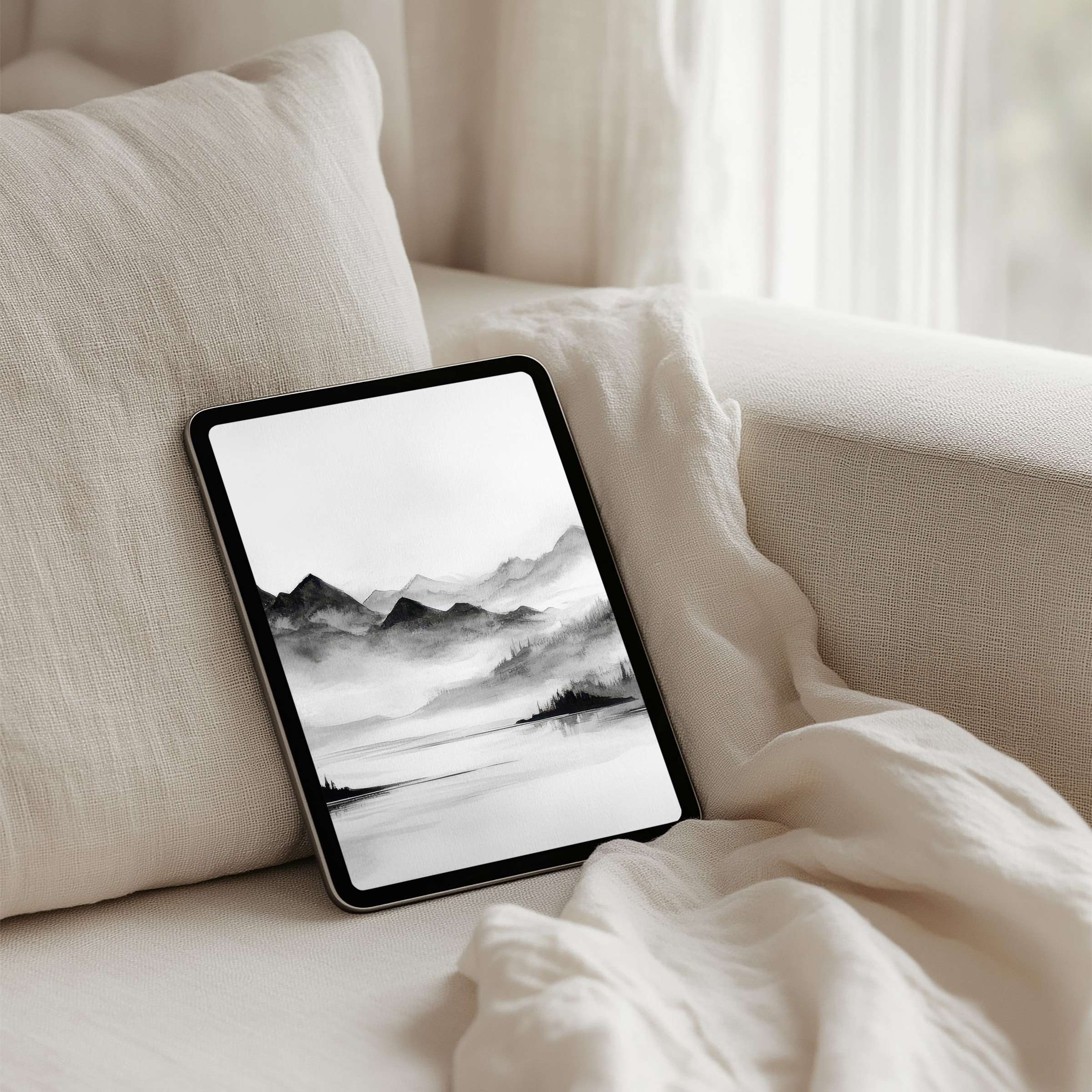 Elegant iPad background with soft monochrome mountains offers calm inspiration for any tablet available for instant download