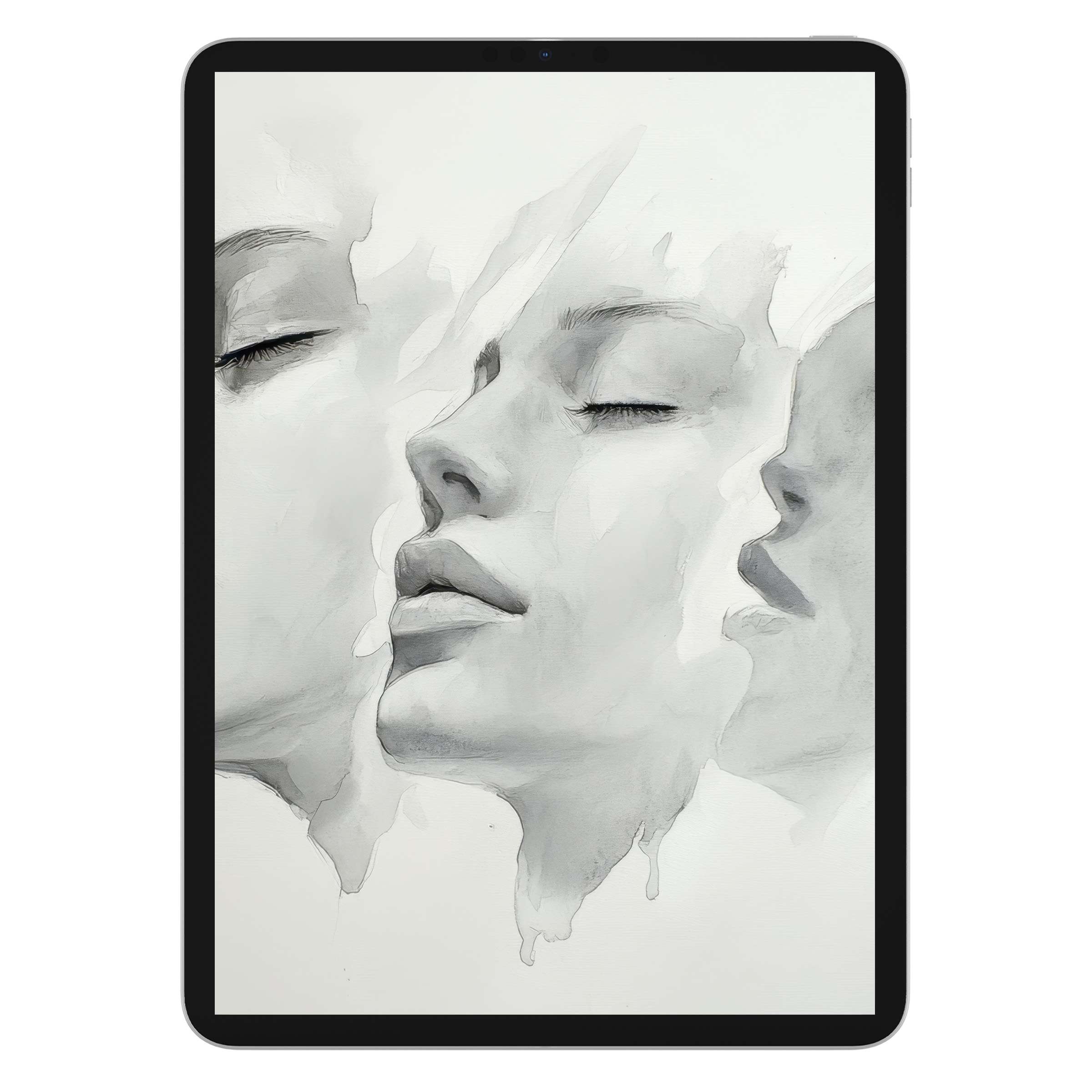 Ethereal black and white iPad wallpaper digital download featuring serene faces evokes calm for any tablet background setting