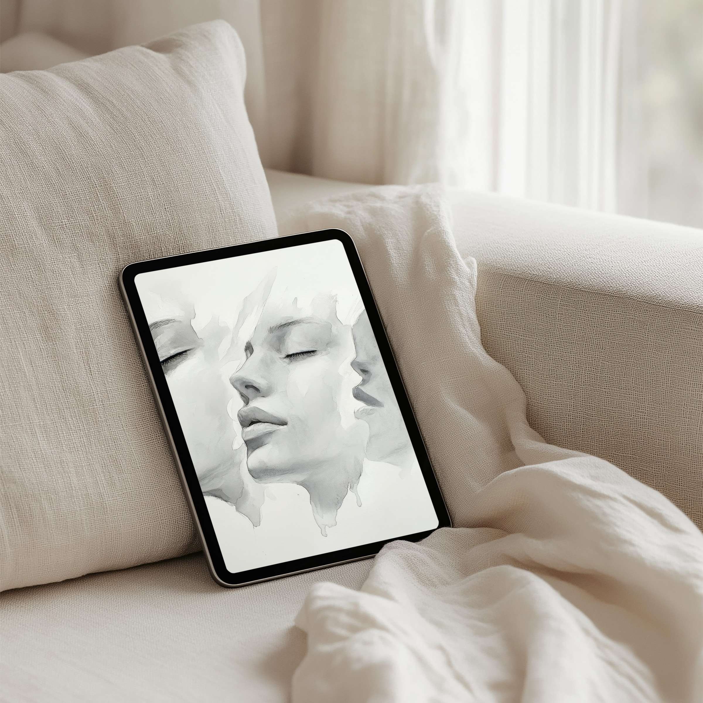Elegant watercolor portrait on iPad background exudes calm and inspiration for your tablet instant download aesthetic decor