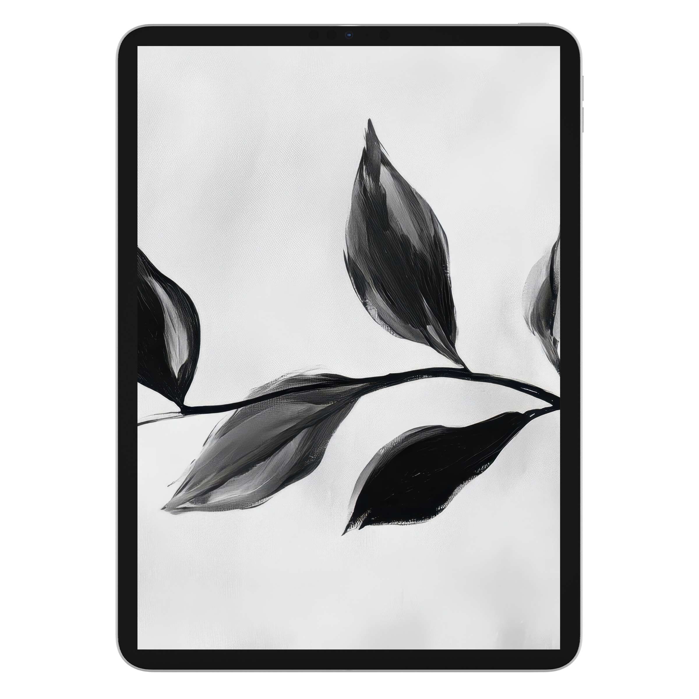Elegant black and white iPad wallpaper with artistic leaf design for a serene digital download background, perfect for tablet use
