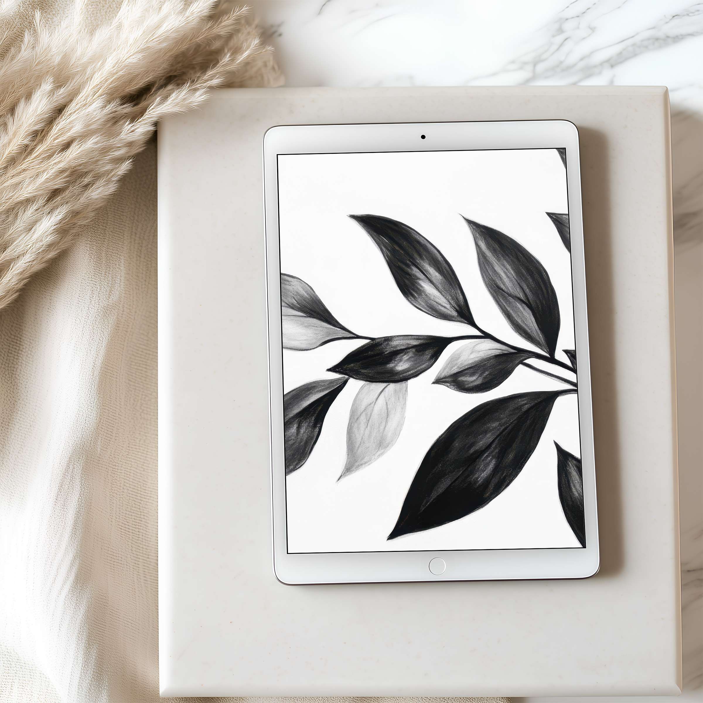 Black and white leaf motif tablet wallpaper offers high resolution elegance perfect for iPad and Android downloads, enhancing calm spaces