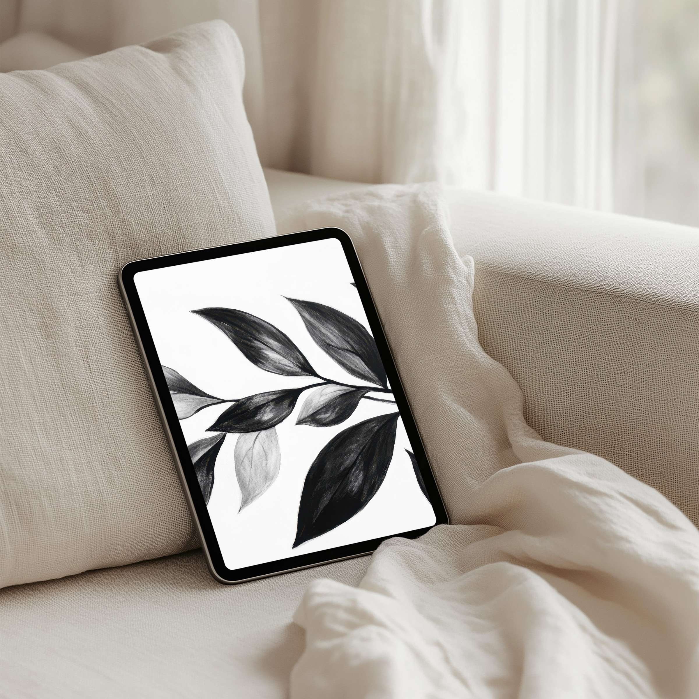 Elegant black and white leaf design iPad background transforming your tablet into a serene haven instant download available