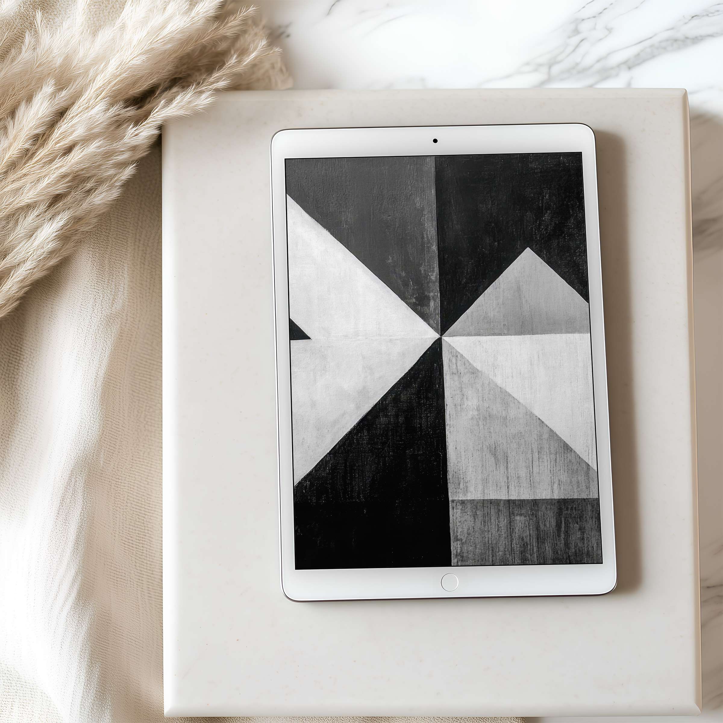 Elegant black and white abstract tablet wallpaper enhances iPad with high resolution, offering serene digital art for calm interiors