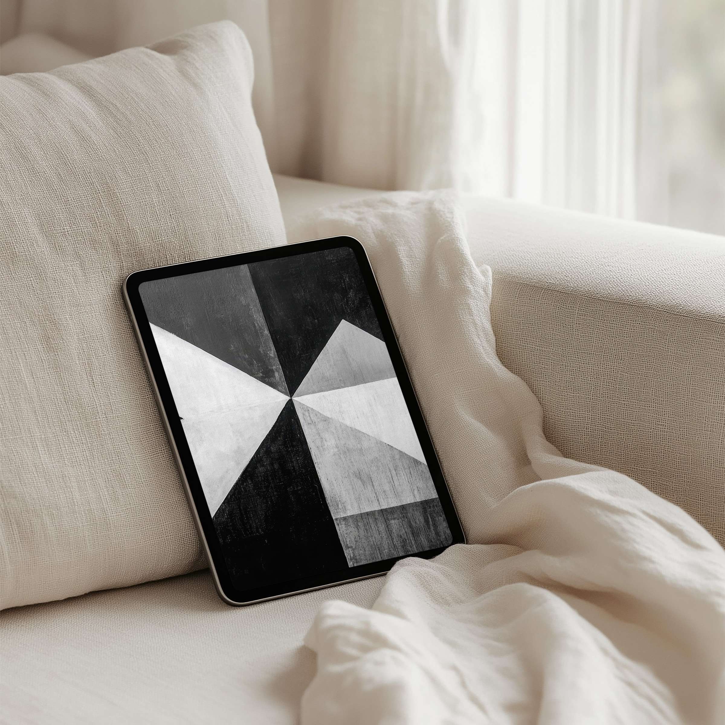 Elegant grayscale geometric iPad background for instant download enhances mindfulness on any tablet, complementing serene interior decor