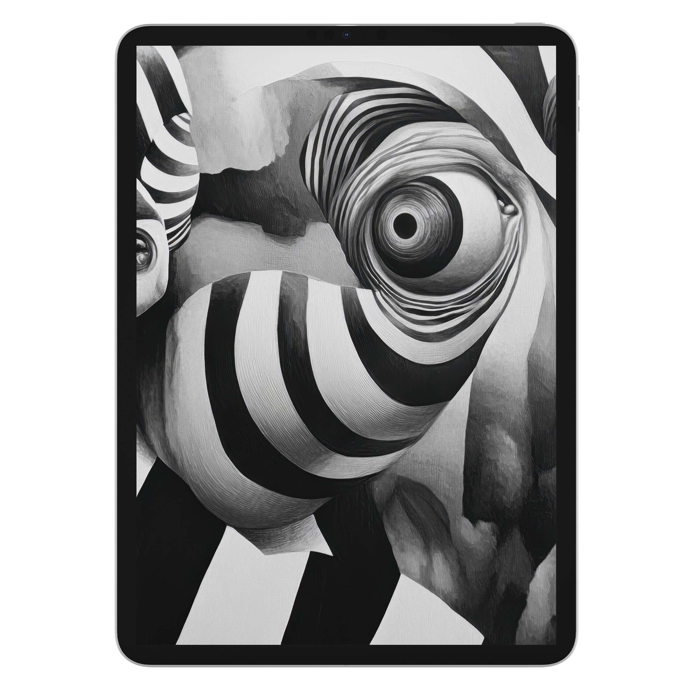Striking black and white iPad wallpaper with abstract swirls offers an artistic digital download for any tablet background