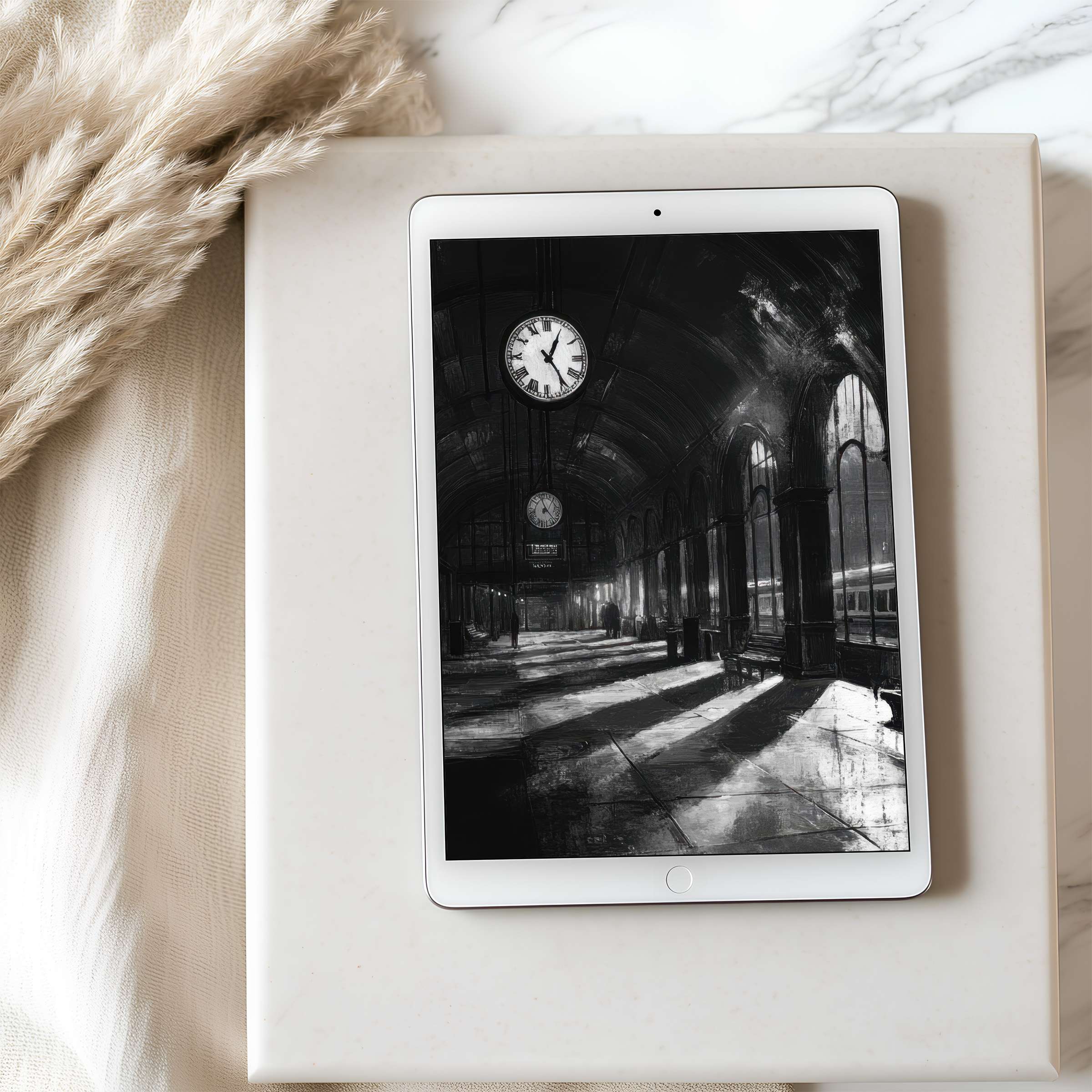 Elegant black-and-white station art as a tablet wallpaper offers inspiring sophistication for iPad and Android, perfect for digital download