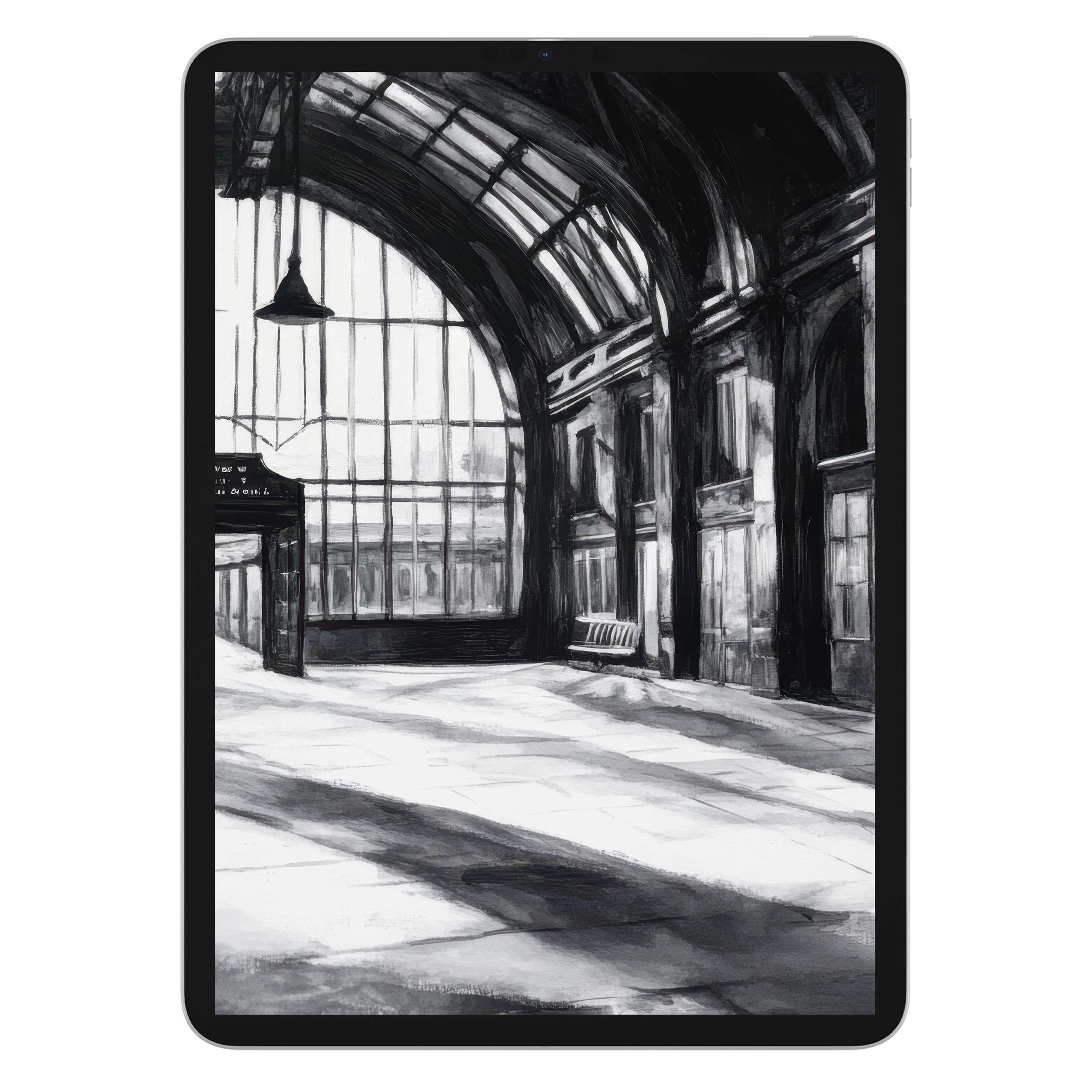 Elegant black and white iPad wallpaper with a serene train station background, perfect digital download for tablet and Android aesthetics