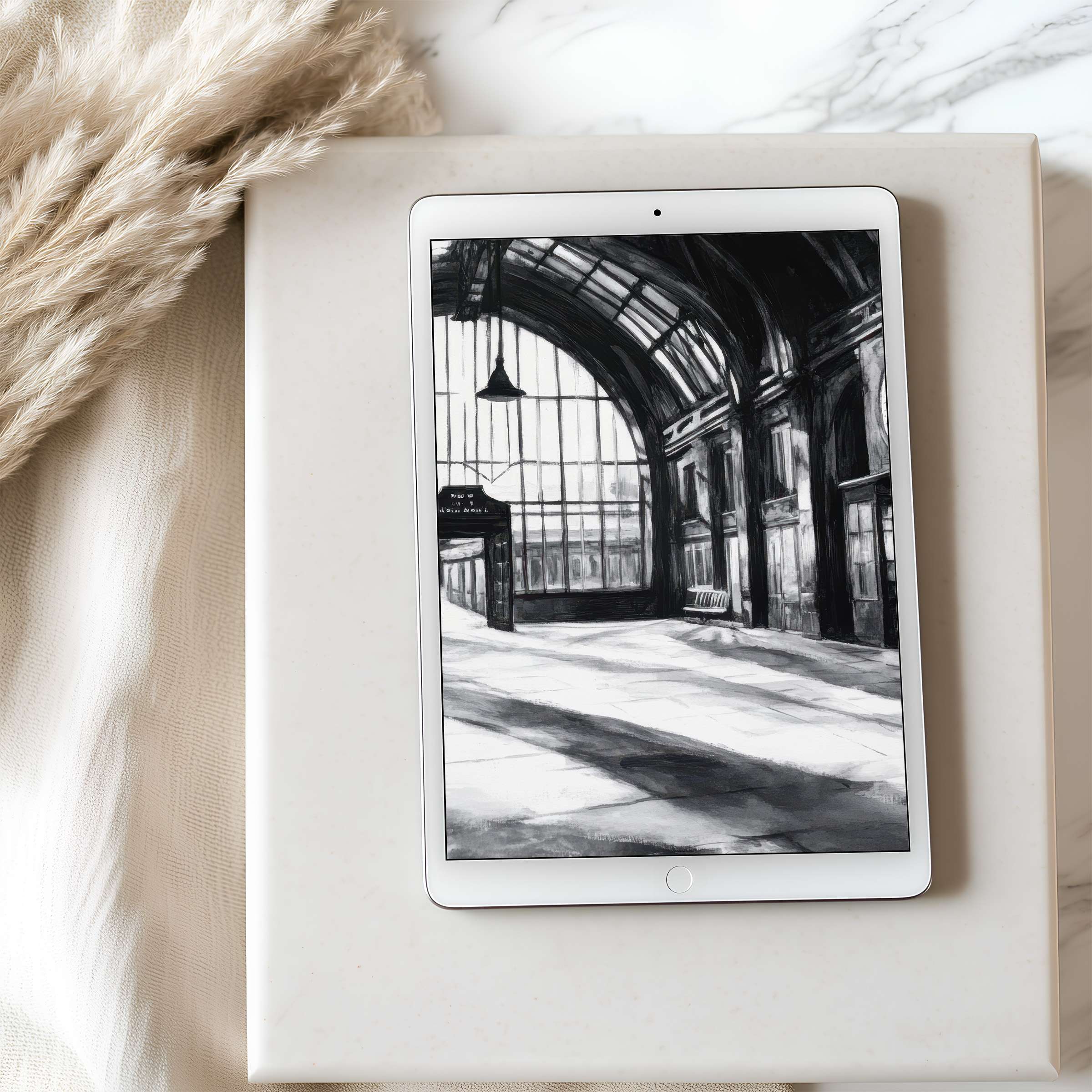 Elegant black and white tablet wallpaper featuring a sunlit train station for a high resolution digital download enhancing calm interiors