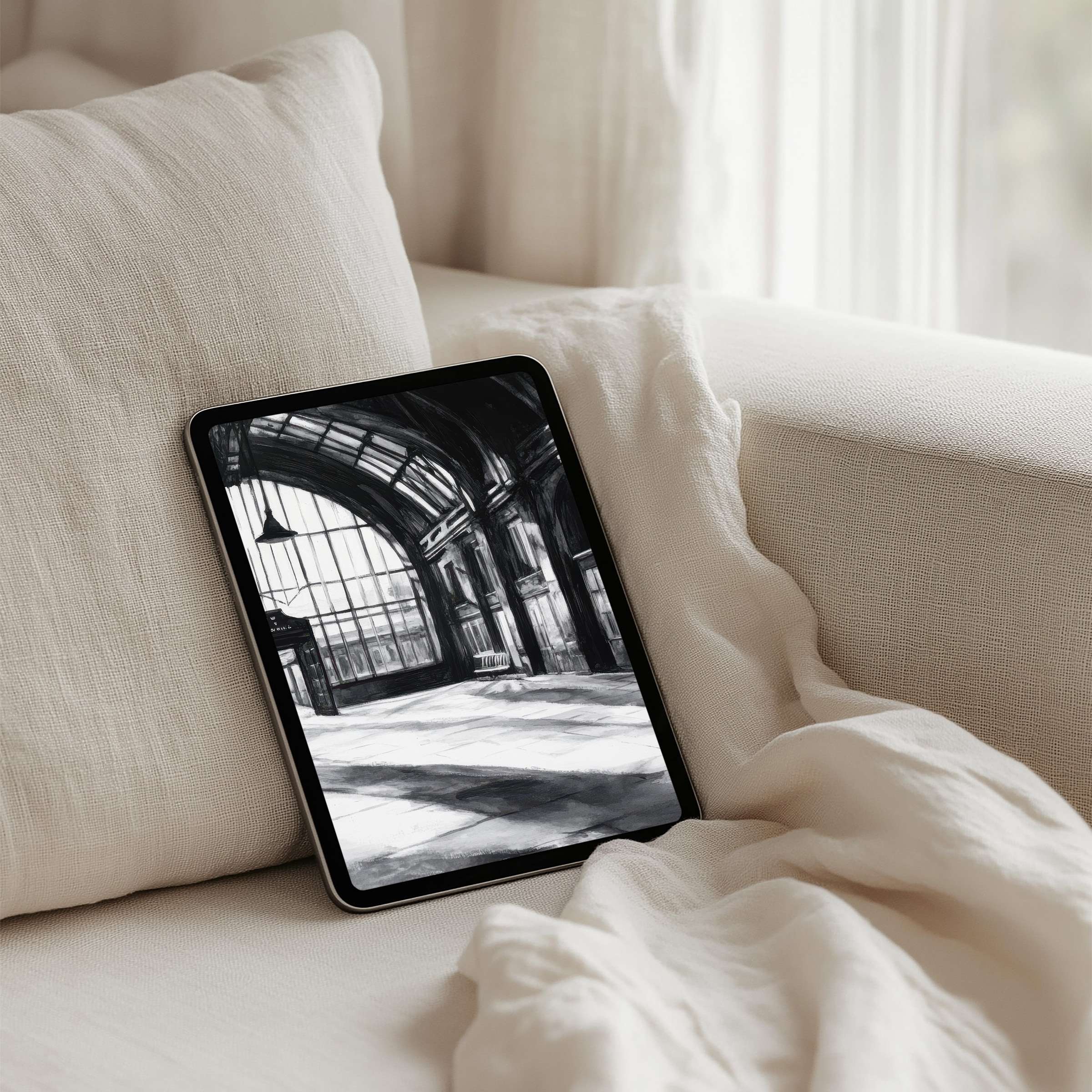Elegant black and white iPad background with a serene architectural scene perfect for mindful inspiration on any tablet instant download