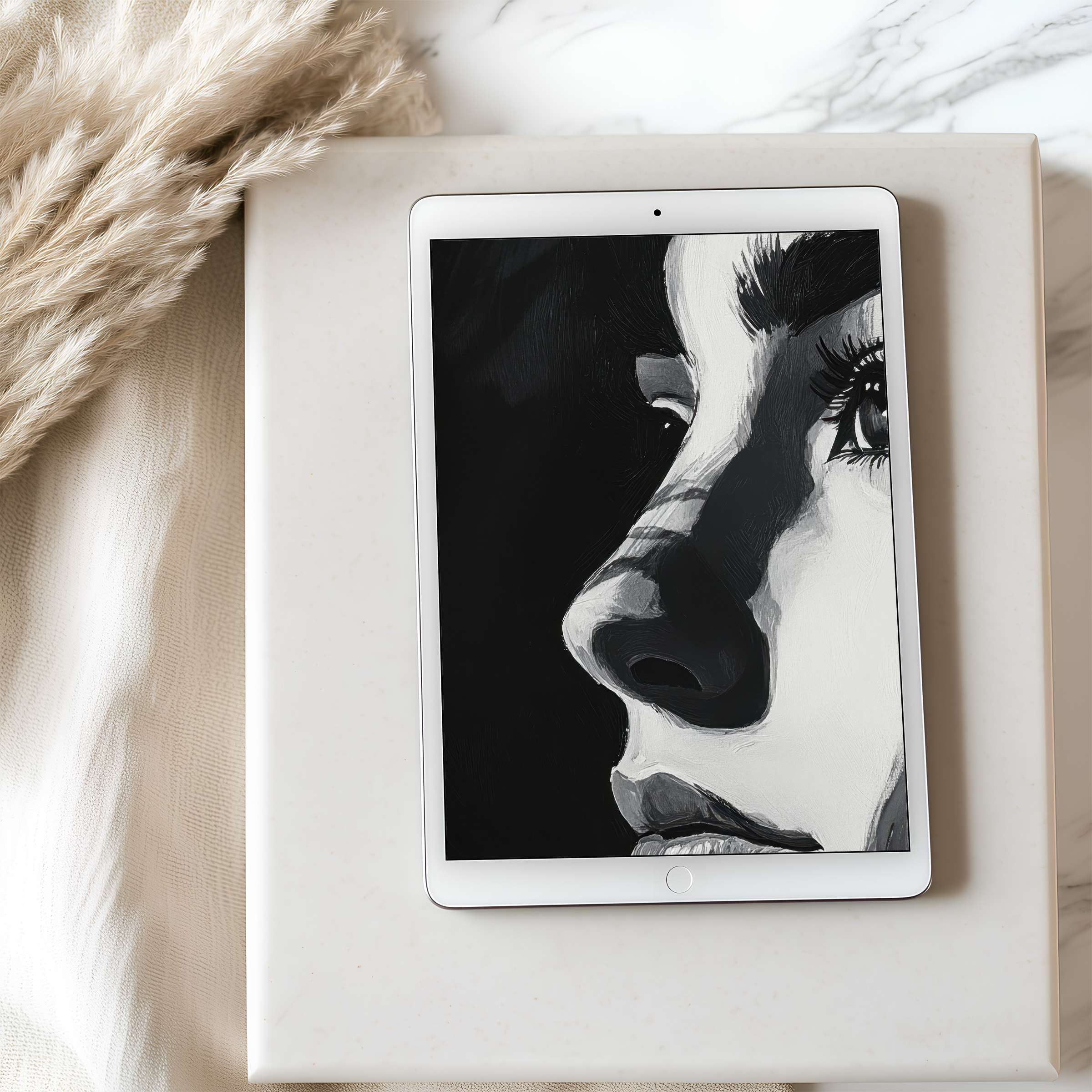 Elegant monochrome portrait as tablet wallpaper, perfect for iPad or Android download enhancing tranquility and aesthetic refinement