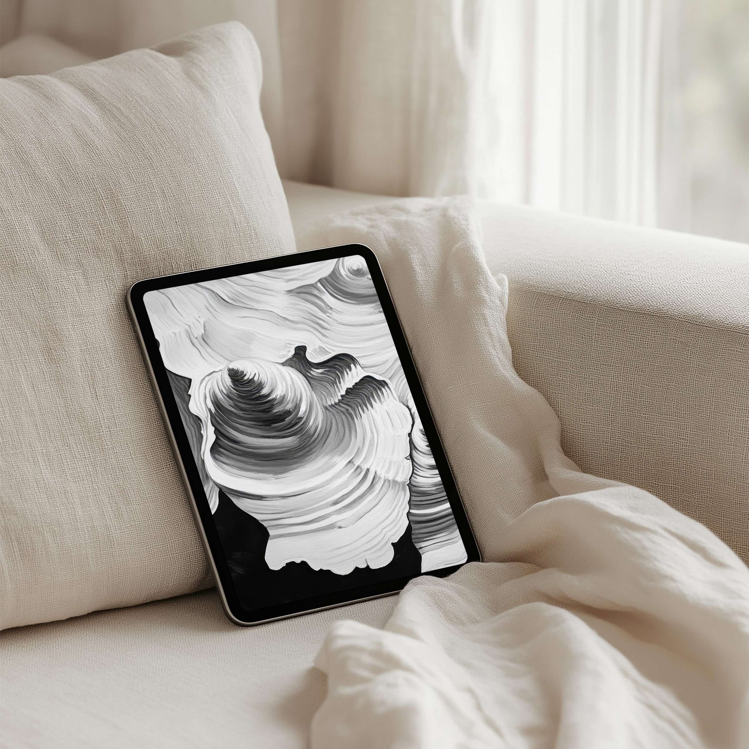 Serene abstract black-and-white iPad background evokes calm and elegance, perfect for instant download on any tablet device