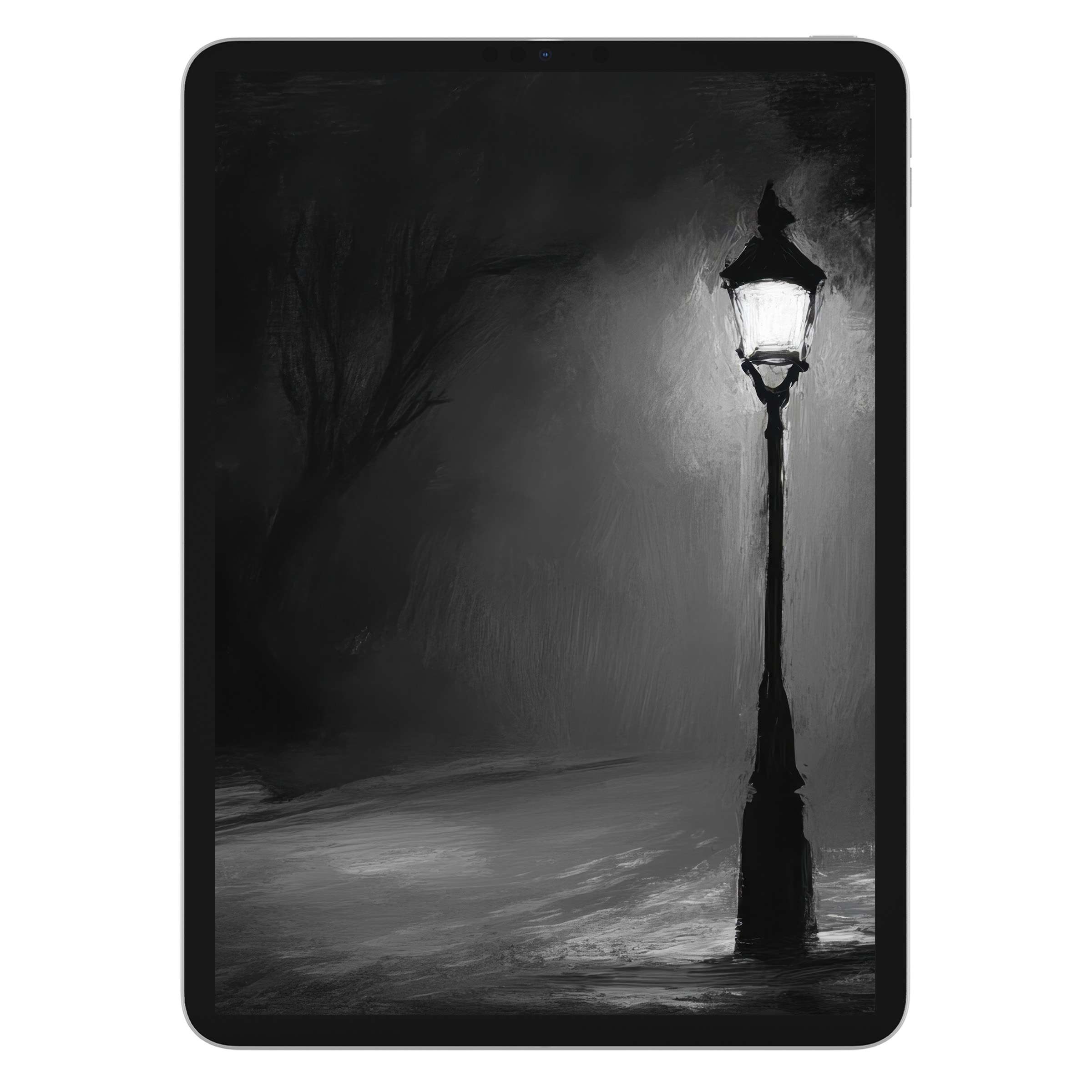 Elegant black and white iPad wallpaper featuring a vintage lamppost, enhancing your tablet background with serene digital download art