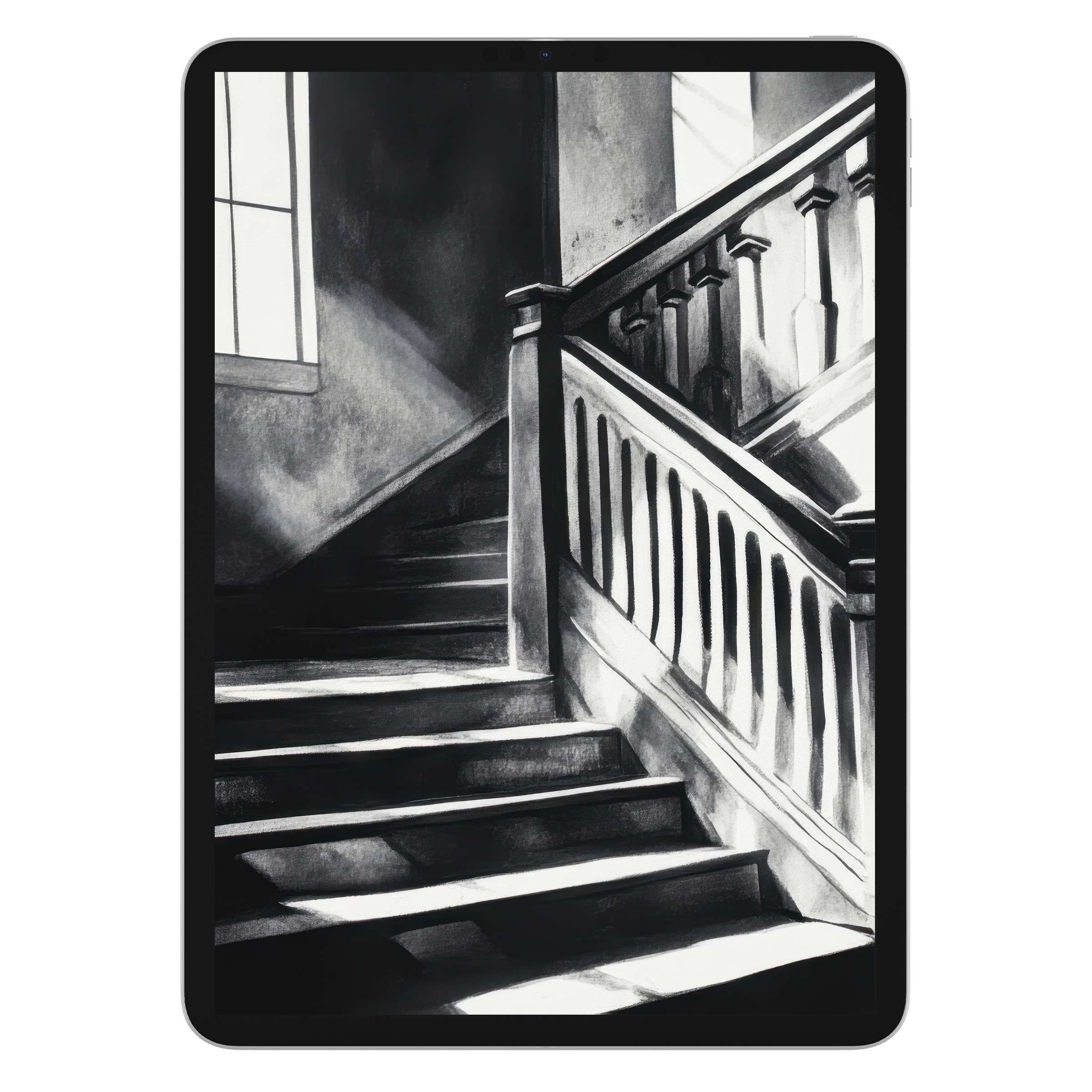 Elegant black and white iPad wallpaper featuring a serene staircase, ideal digital download background for tablet aesthetics