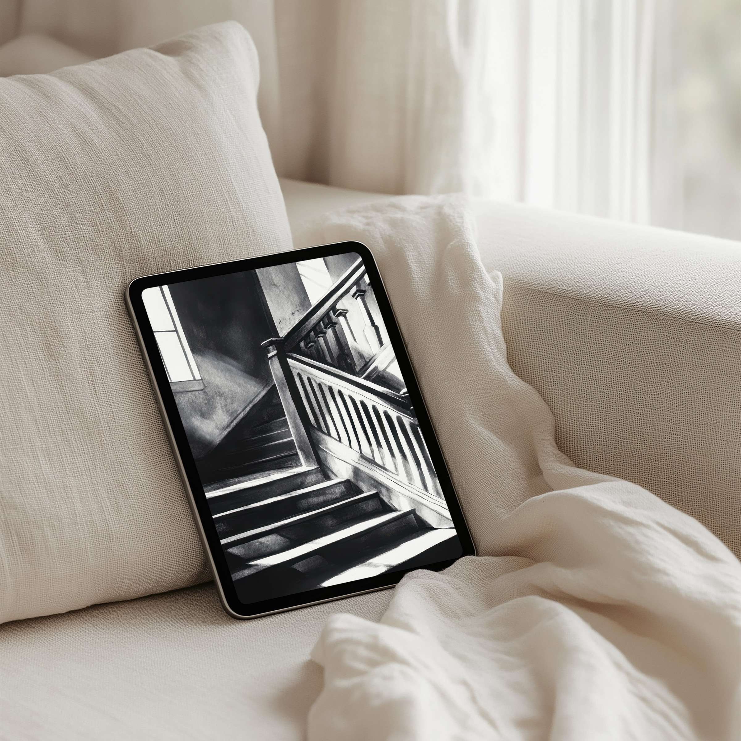 Serene black and white staircase iPad background for instant download, elevating tablet aesthetics with calm sophistication and elegance