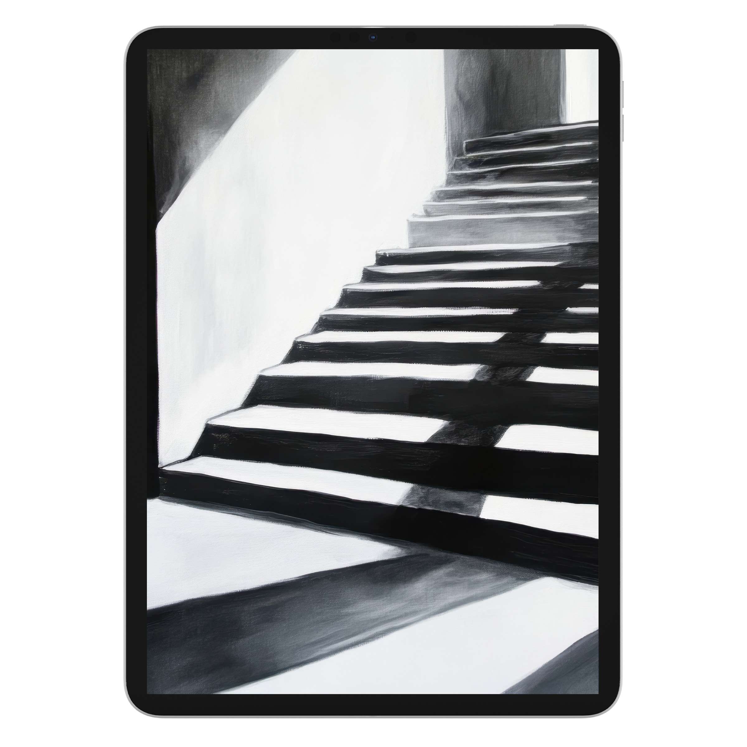 Elegant black and white iPad wallpaper, featuring moody staircase art for tablet background, digital download for serene design ambiance