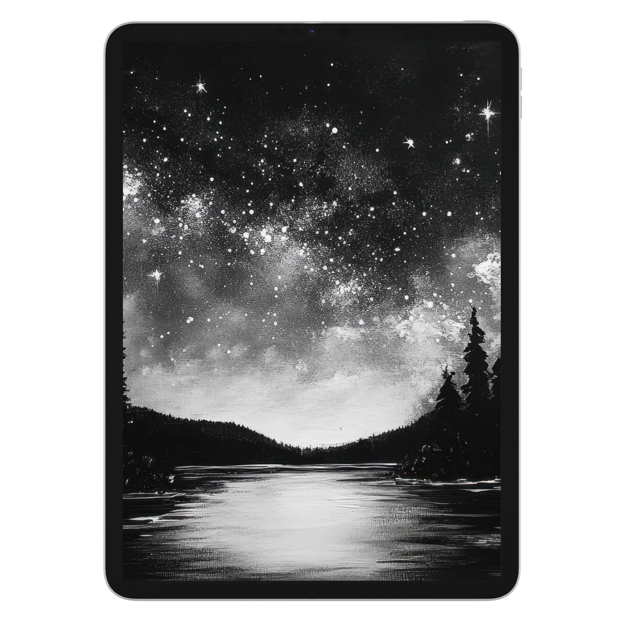 Starry night black and white iPad wallpaper showcasing serene lake and forest, perfect for elegant tablet background digital download