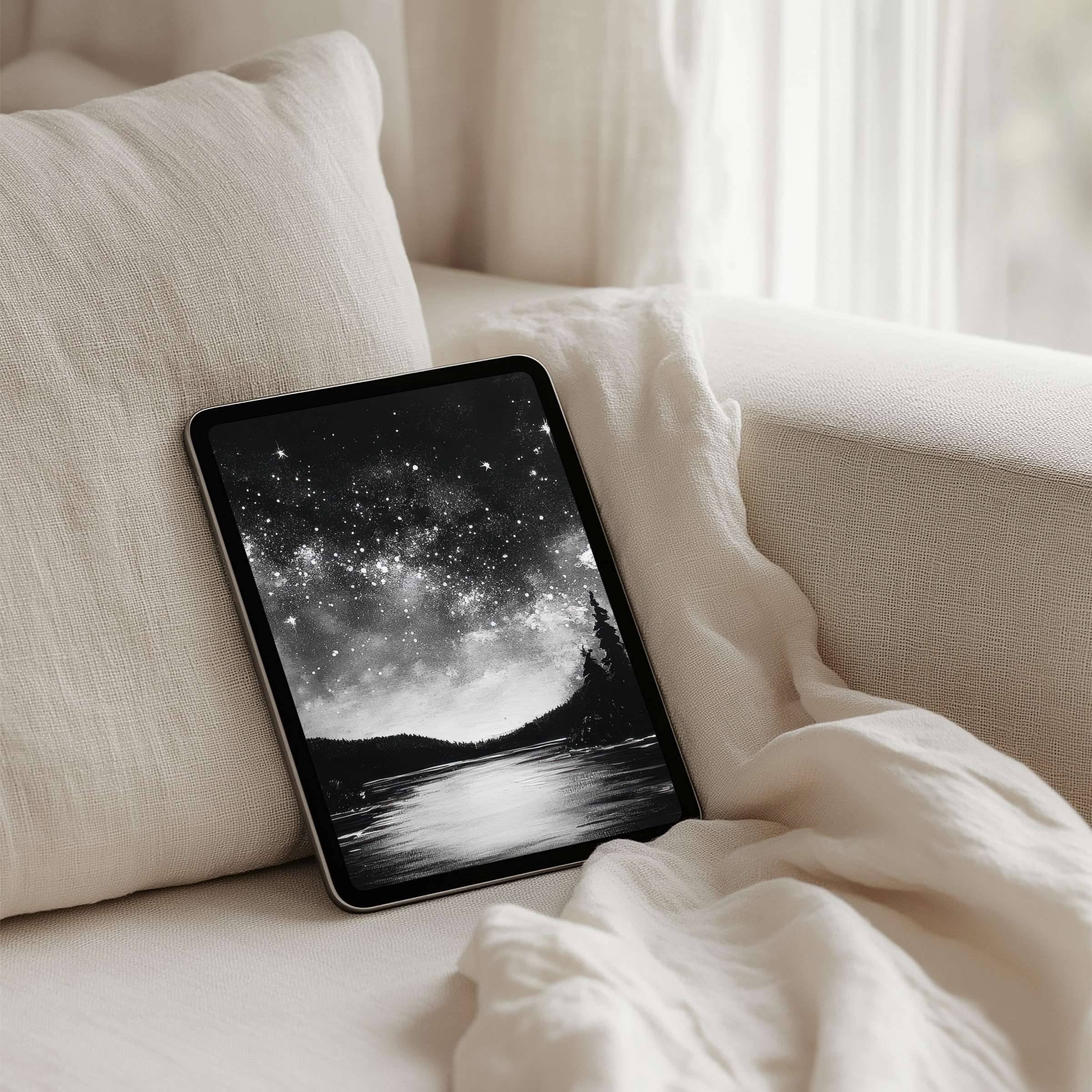 Elegant black and white iPad background of serene night sky inspires mindfulness with instant download for any tablet user