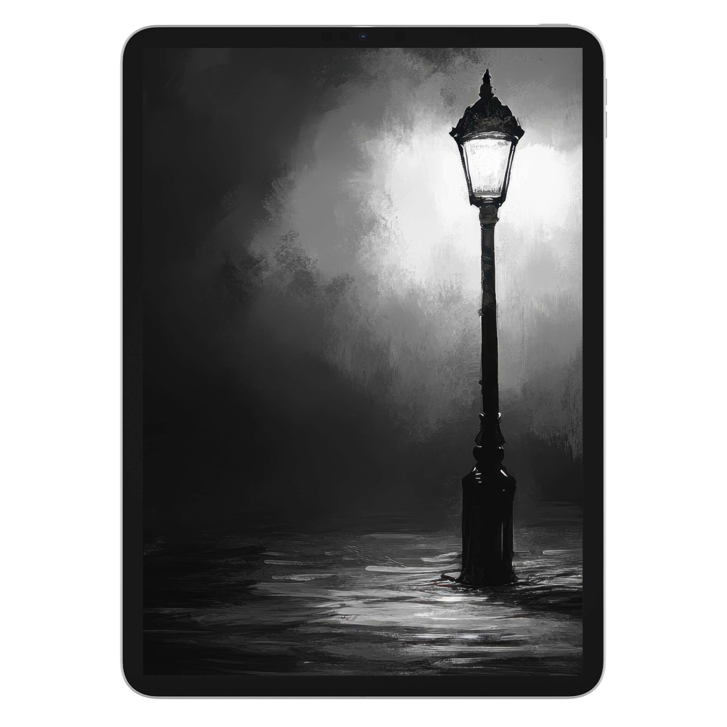 Serene black and white iPad wallpaper featuring a solitary street lamp, perfect tablet background for digital download and elegance
