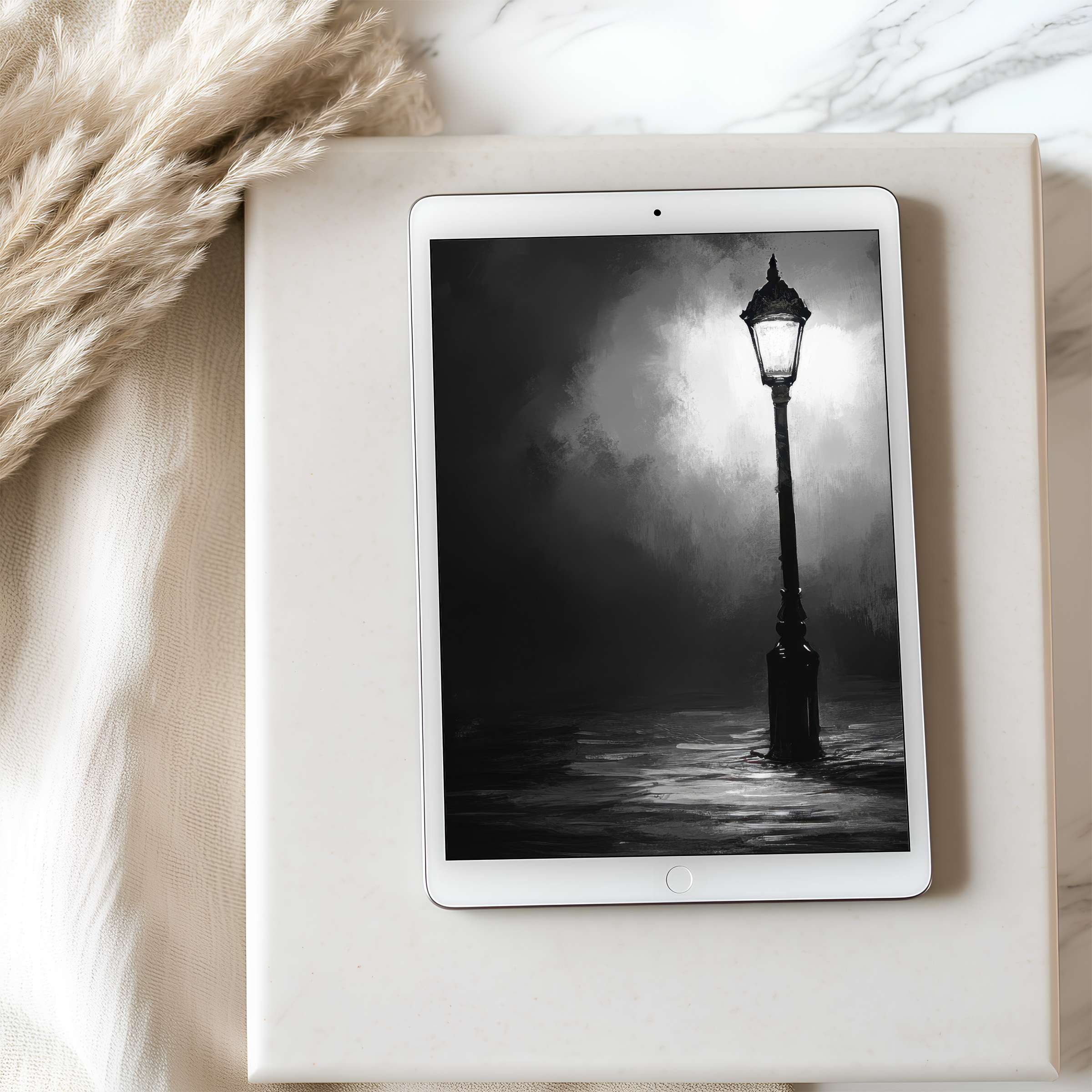 Elegant monochrome streetlamp painting as tablet wallpaper on an iPad offers high resolution for serene digital download ambiance