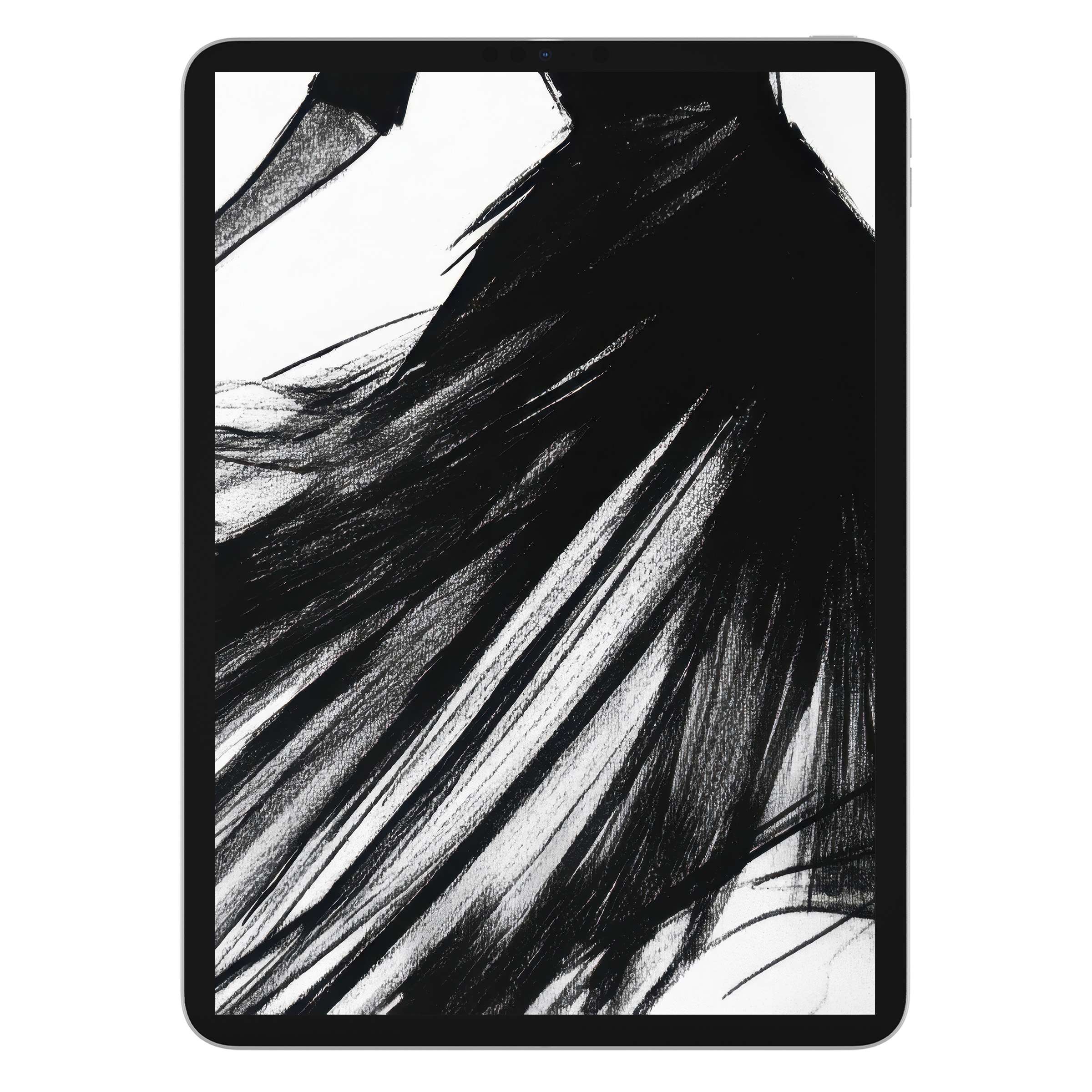 Elegant black and white iPad wallpaper showcasing abstract brush strokes, perfect digital download for tablets and serene backgrounds