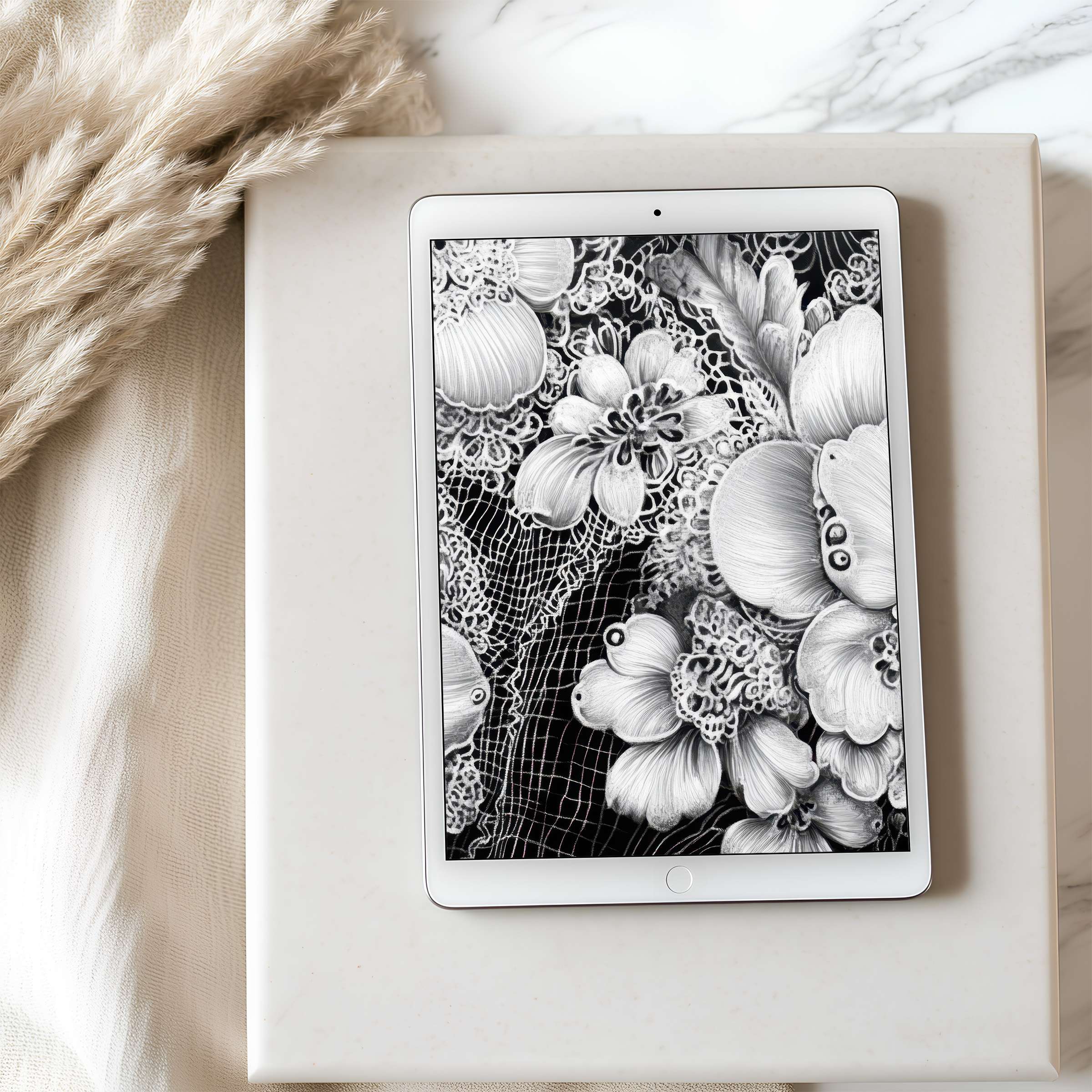 Inspire tranquility with this elegant black-and-white floral tablet wallpaper perfect for high-resolution iPad or Android digital download