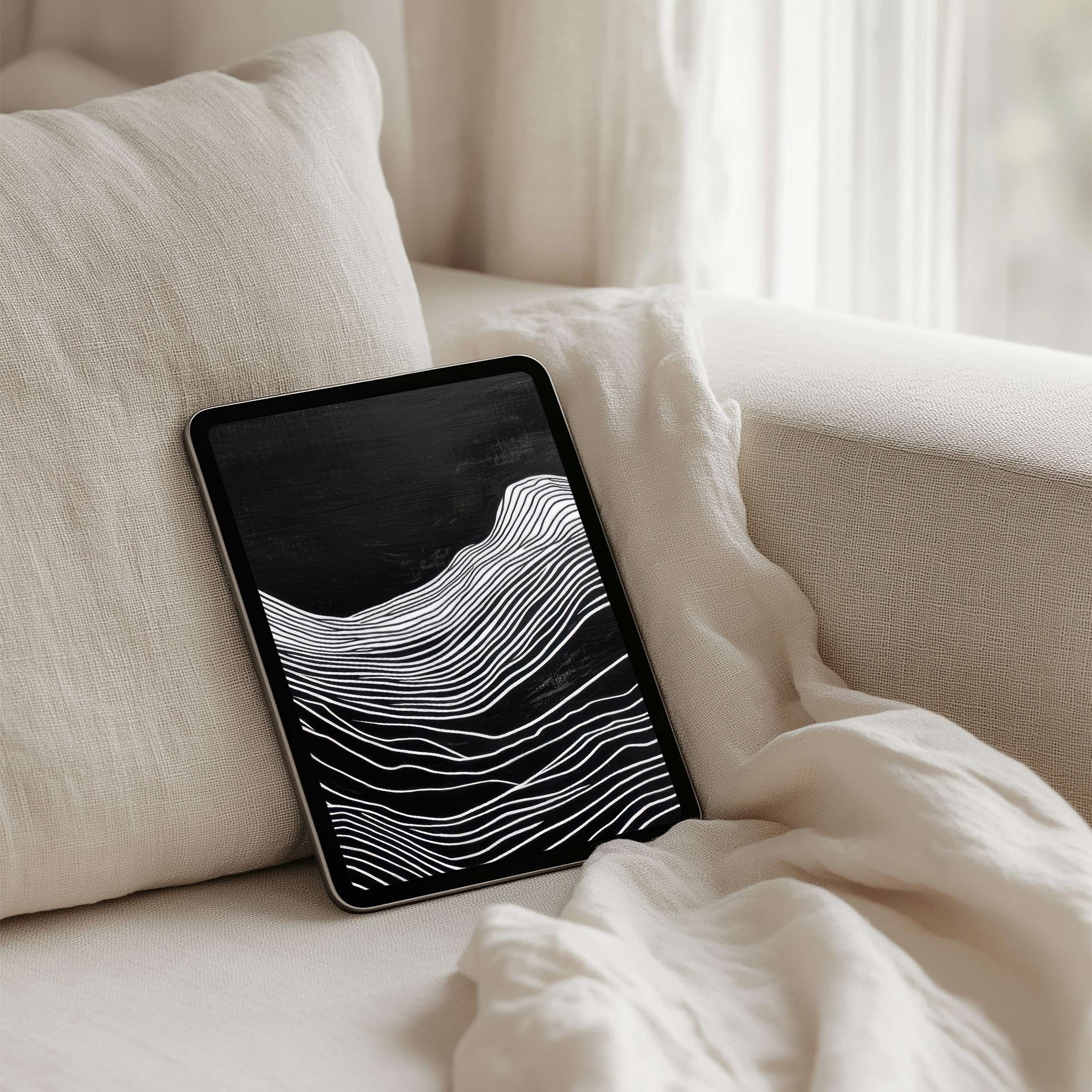 Elegant iPad background with minimal black and white lines for instant download, fits any tablet for mindful inspiration