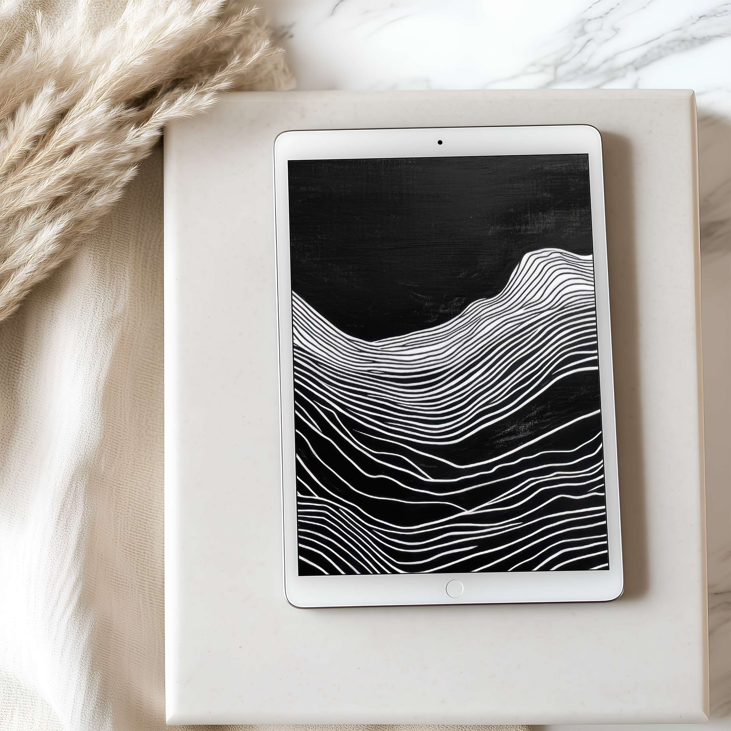 Elegant black and white tablet wallpaper with wavy lines for high-resolution iPad and Android devices offering calm sophistication and easy download