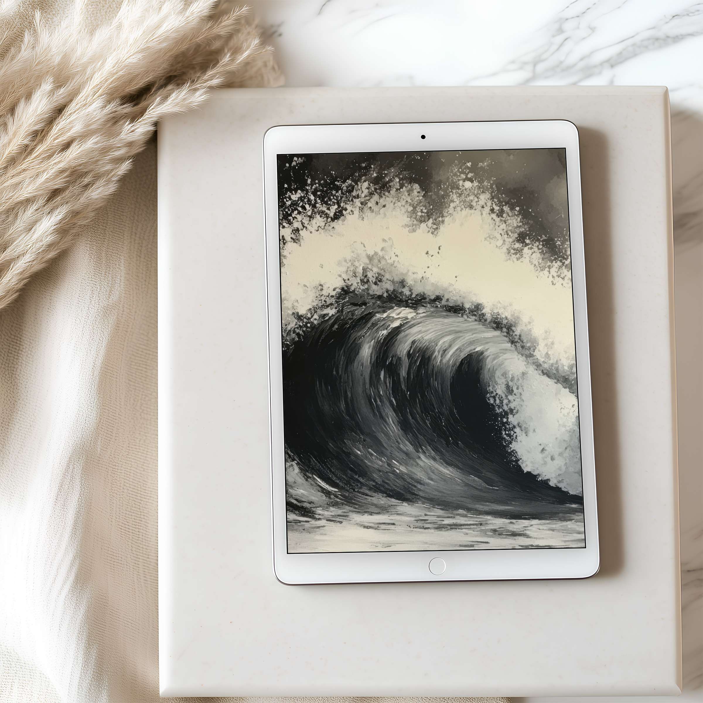 Elegant wave-inspired tablet wallpaper on an iPad offers a high resolution tranquil art piece perfect for digital download and decor