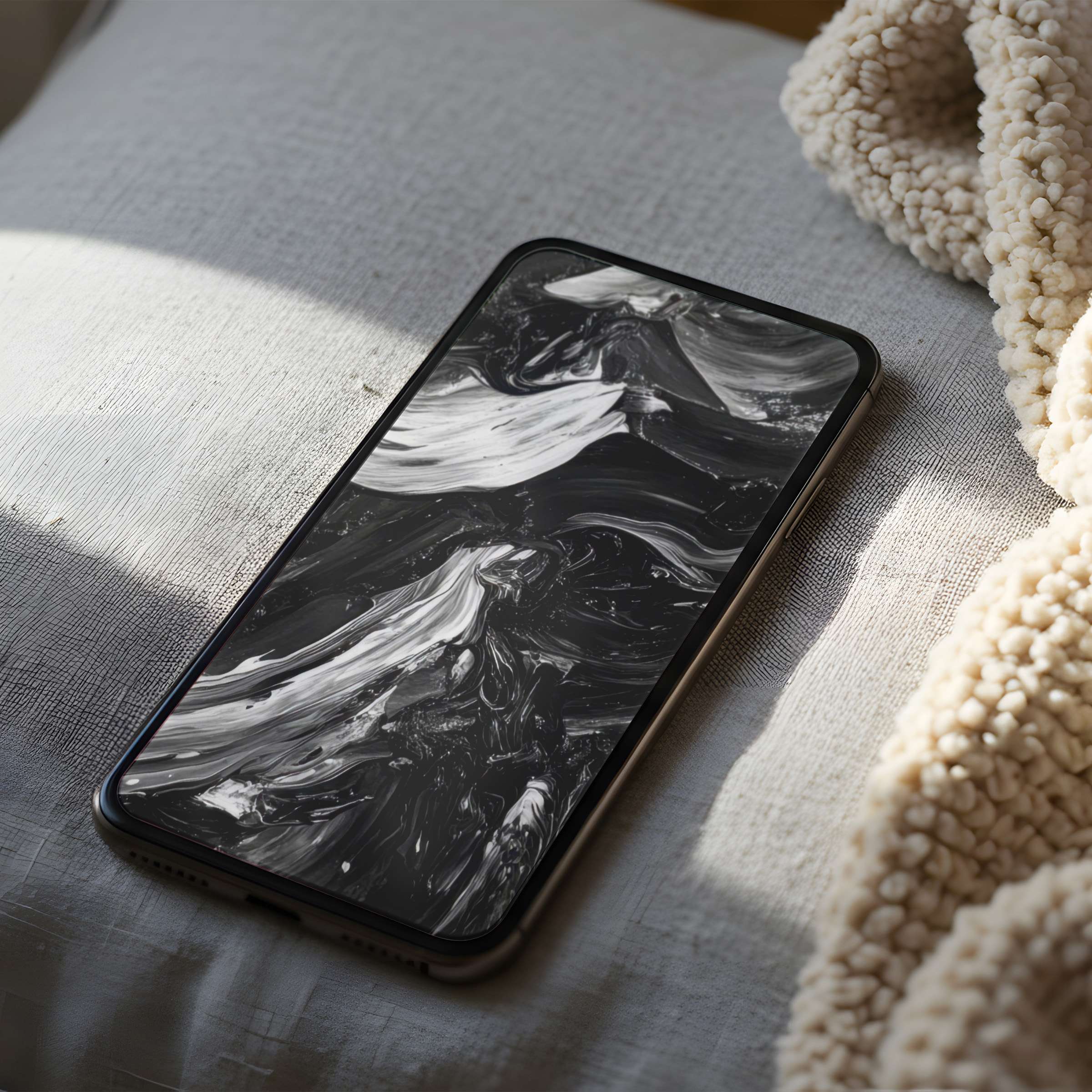 Elegant black and white abstract phone wallpaper for iPhone and Android phones offers calm sophistication and high resolution digital download