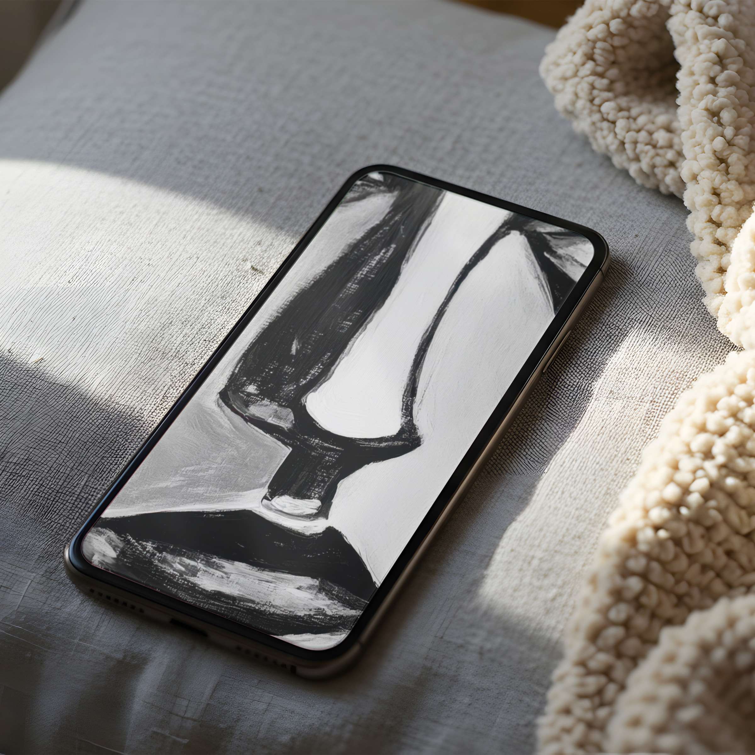 Elegant black and white abstract phone wallpaper on a cozy fabric background perfect for iPhone and Android digital download