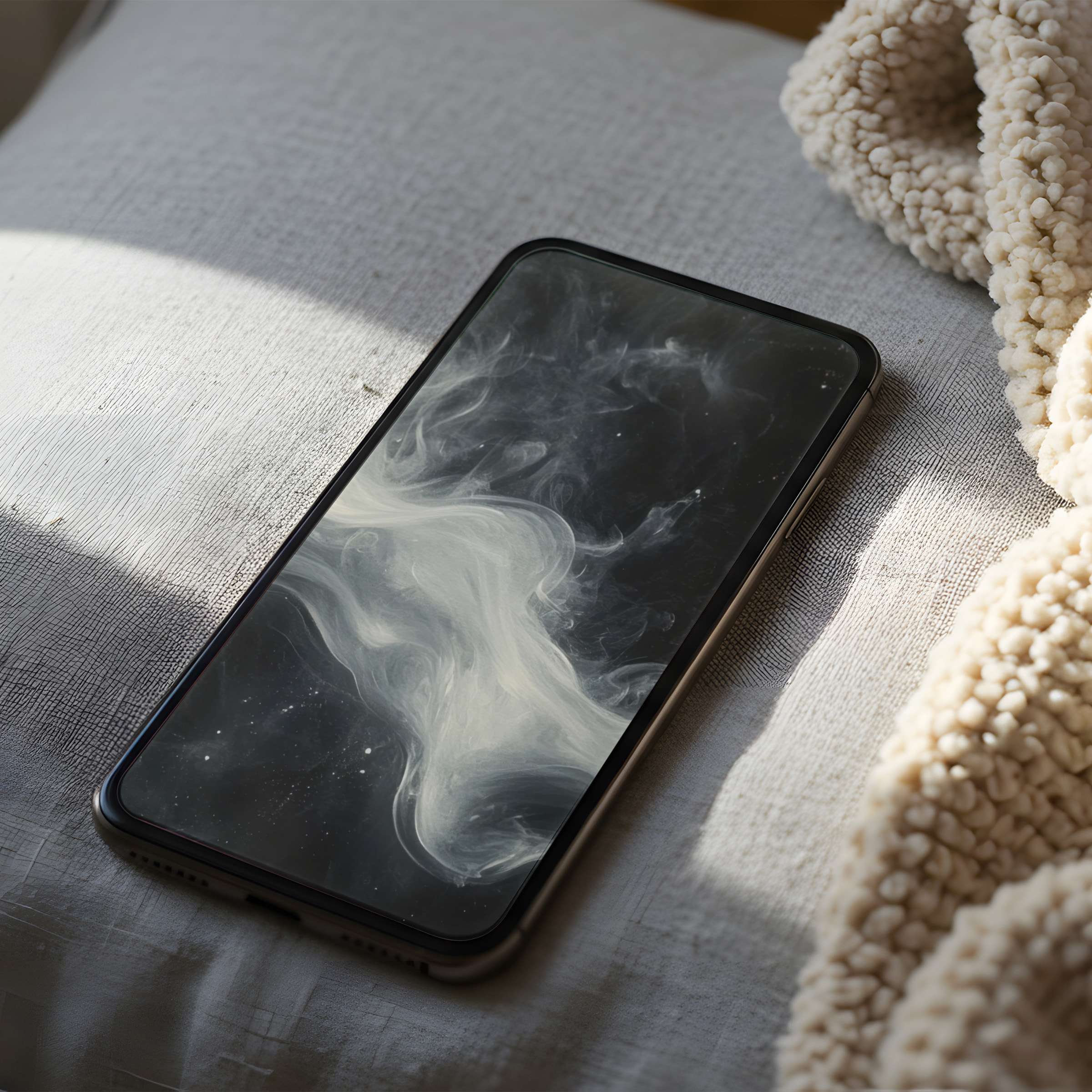 Elegant phone wallpaper of swirling white and gray abstract art on a high-resolution screen complements a calming, cozy setting