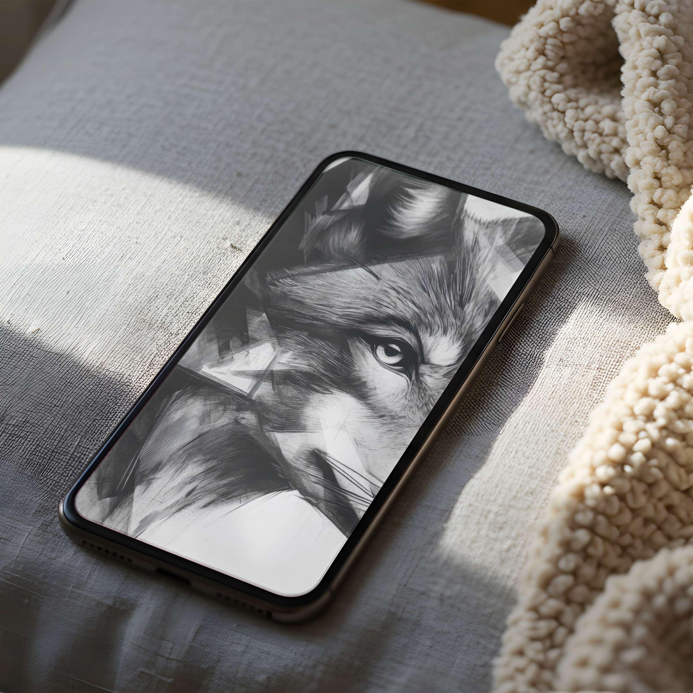 Elegant phone wallpaper with monochrome wolf art evokes serenity, perfect for iPhone and Android, available in high resolution download
