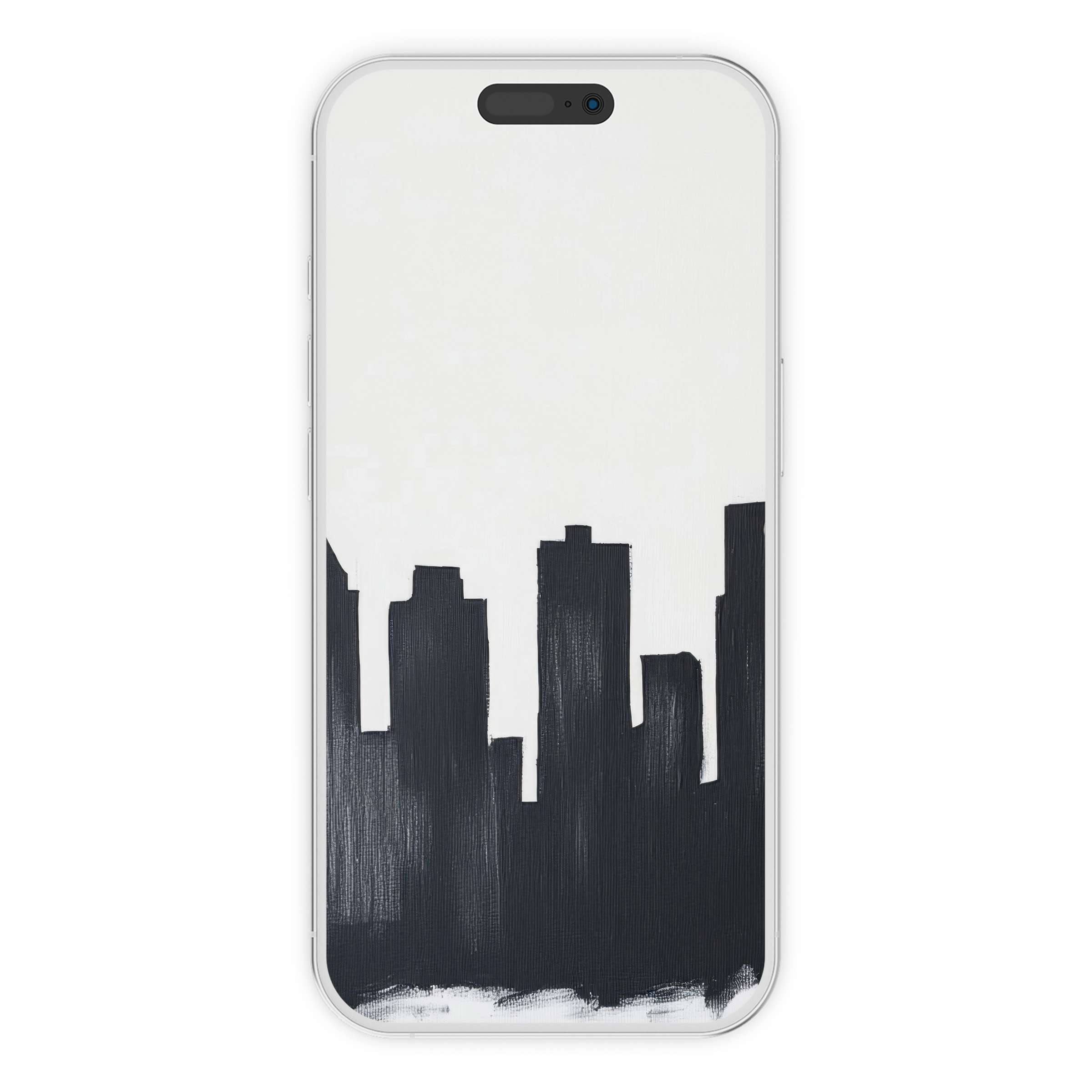 Elegant black and white iPhone wallpaper featuring a minimalist city skyline, perfect digital download for a calming phone background