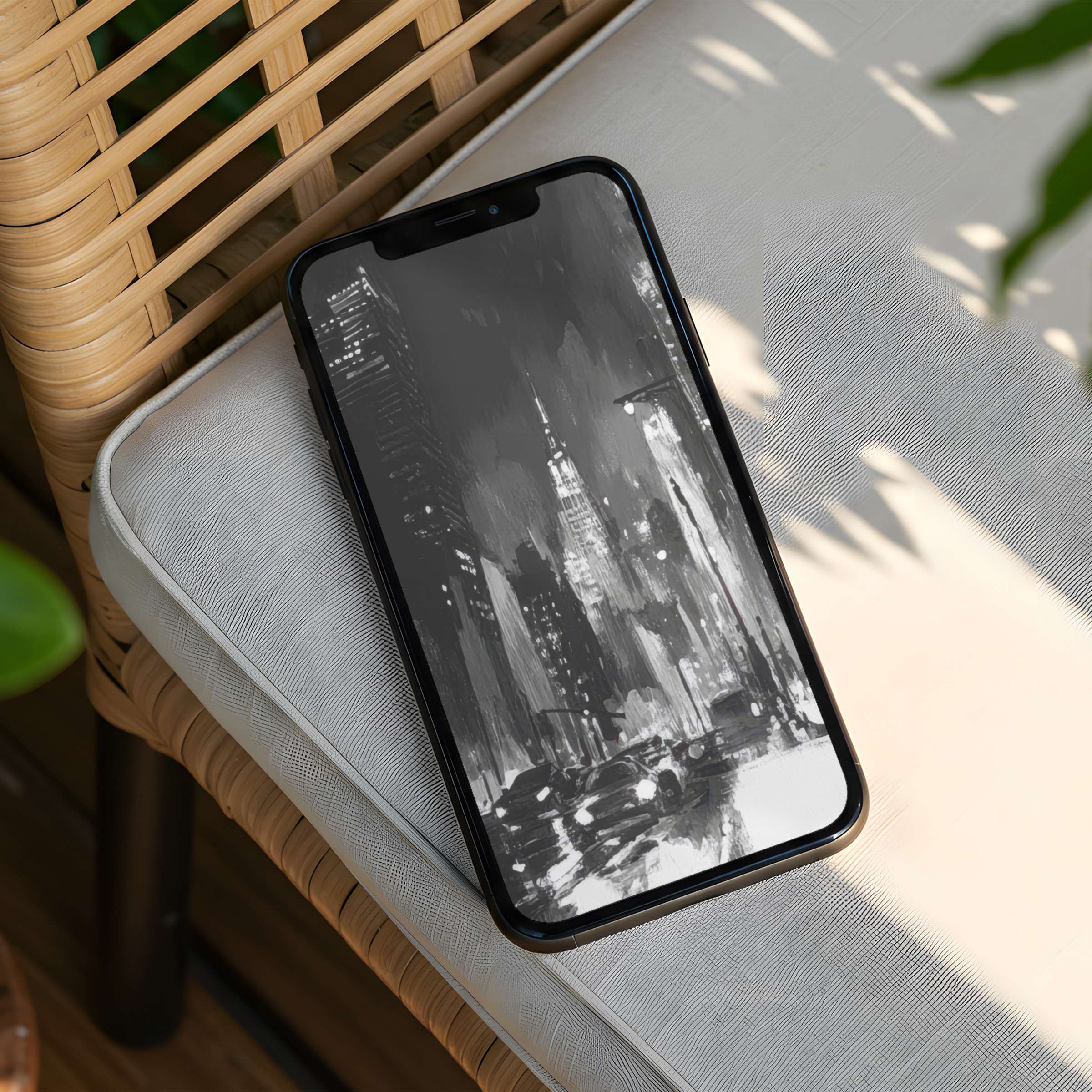 Monochrome cityscape iPhone background offers instant download for elegant phone design, inspiring calm mindfulness and aesthetic appeal