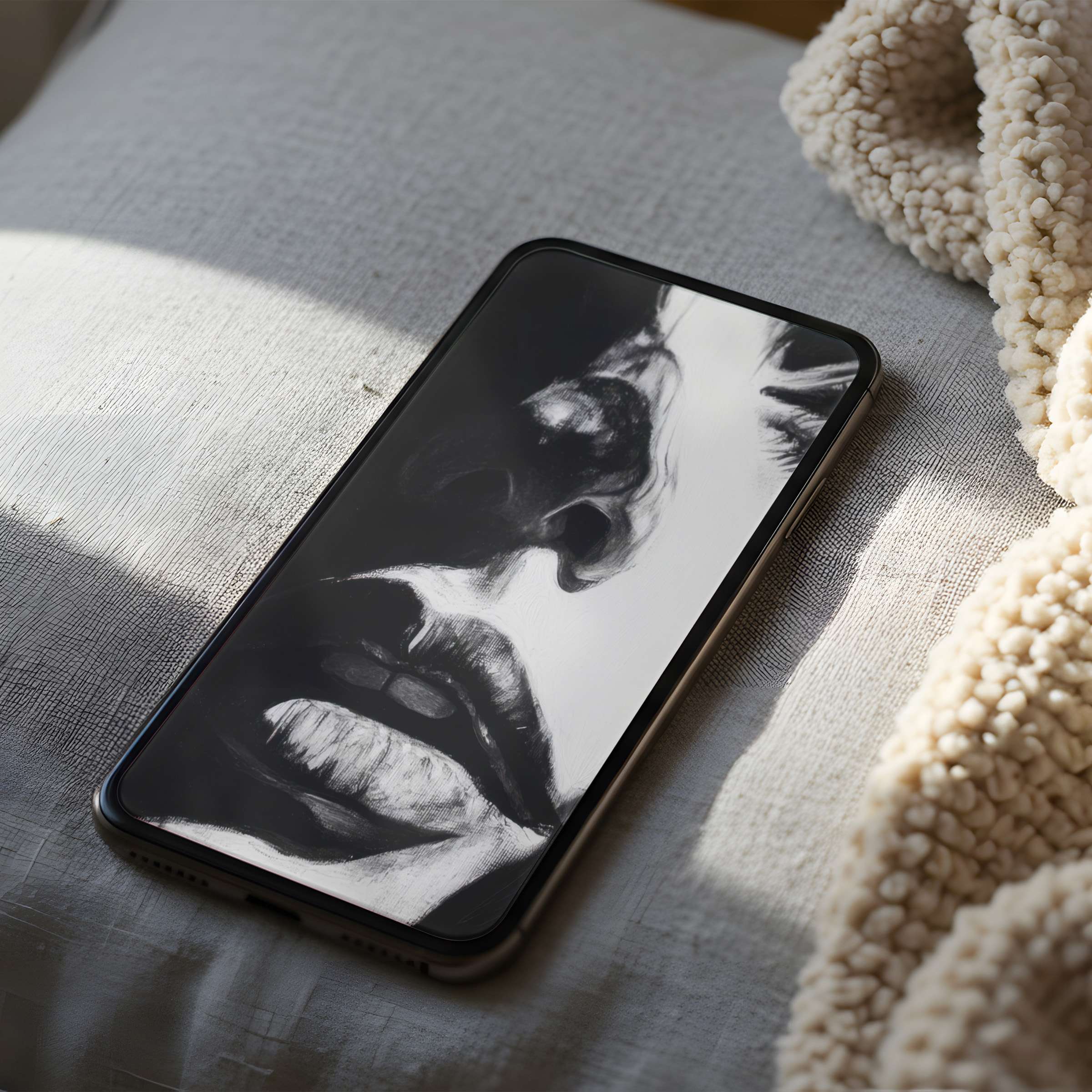 Elegant monochrome portrait phone wallpaper offers high resolution for iPhone and Android phones creating a serene digital download ambiance