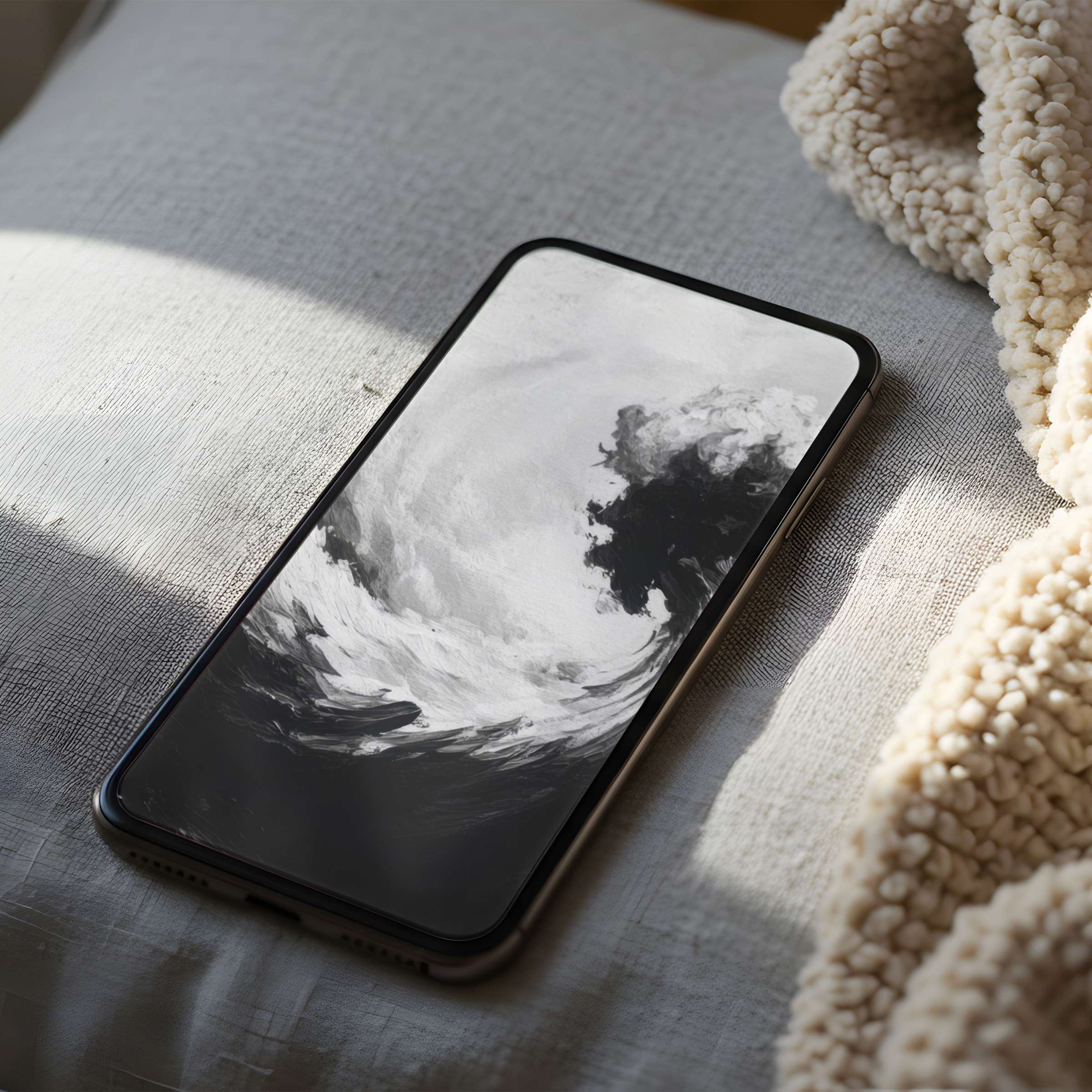 Elegant monochrome swirl phone wallpaper on a pillow, offering high resolution digital download for iPhone and Android users seeking calm