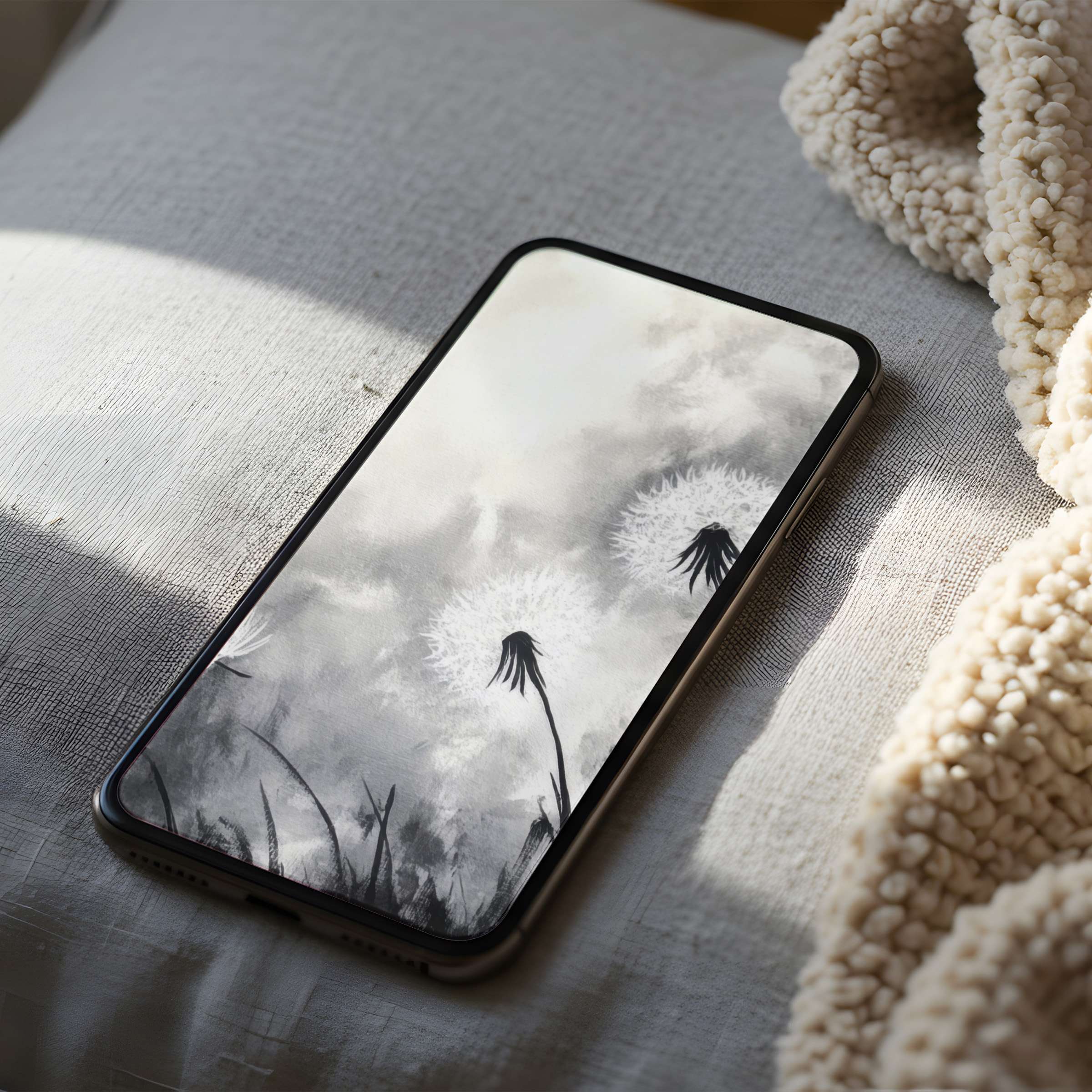 Dandelion-themed phone wallpaper in monochrome evokes serenity and elegance, perfect for high resolution iPhone and Android, digital download