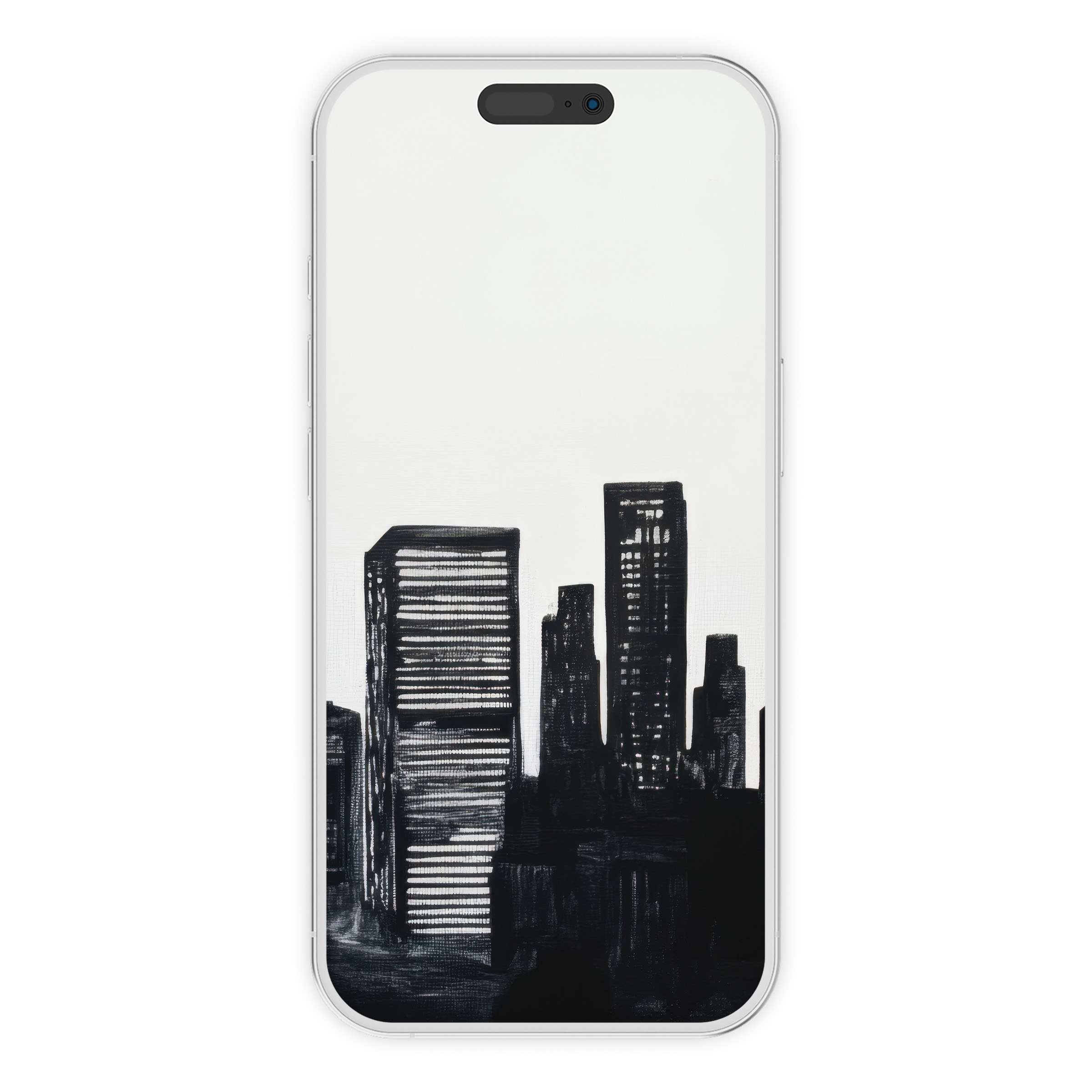 Black and white iPhone wallpaper features a serene cityscape illustration offering an elegant digital download for a calming phone background