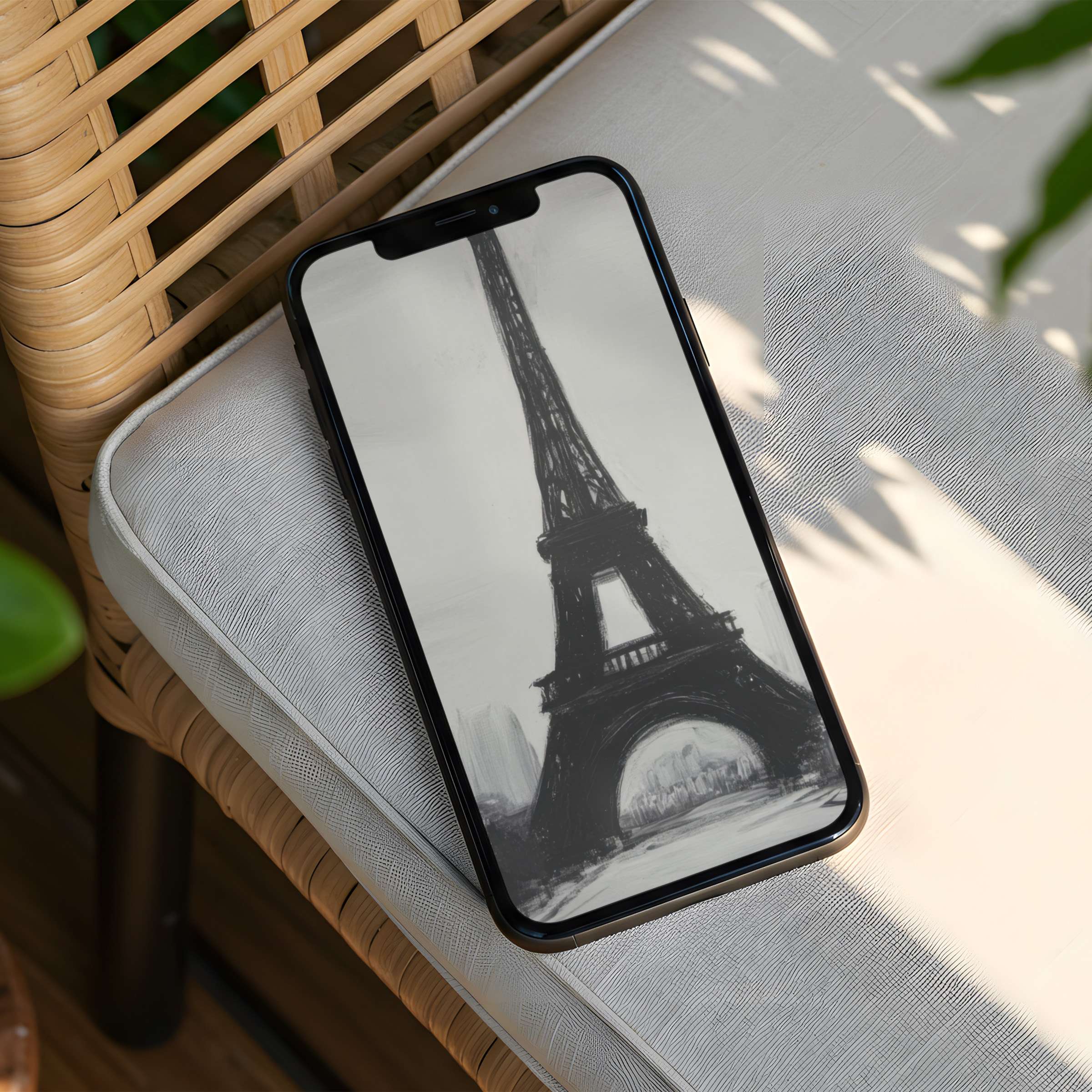 Elegant black and white Eiffel Tower sketch iPhone background for instant download enhances phone charm with calm and inspiration