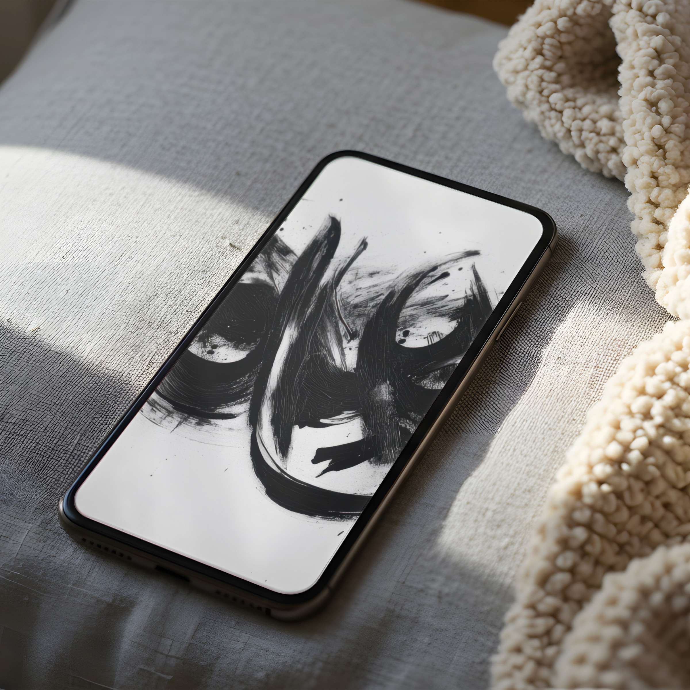 Abstract black and white brush strokes create a serene phone wallpaper in high resolution perfect for iPhone and Android devices