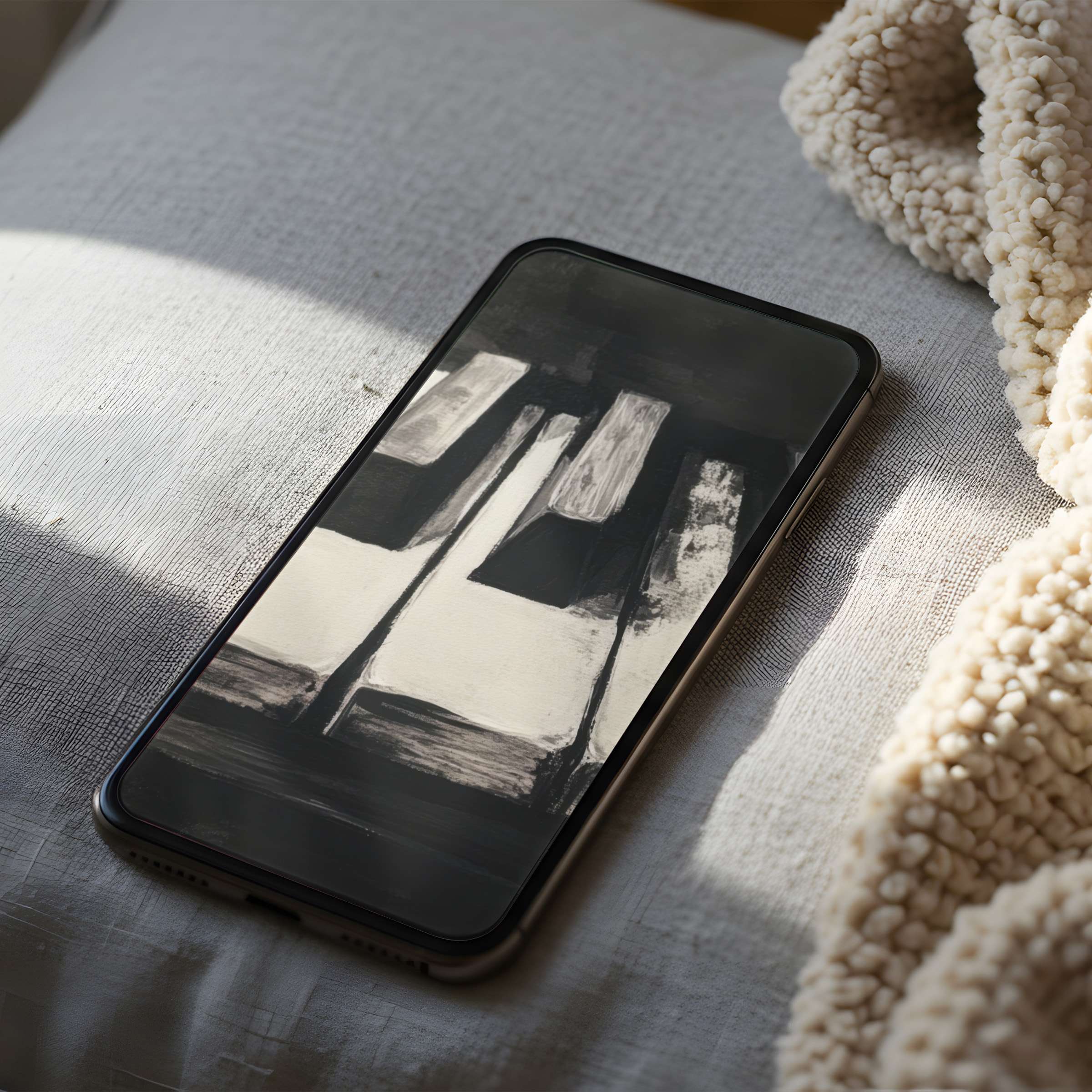 Monochrome abstract phone wallpaper on iPhone screen, set on a cozy beige textile, offering a serene, high-resolution digital download