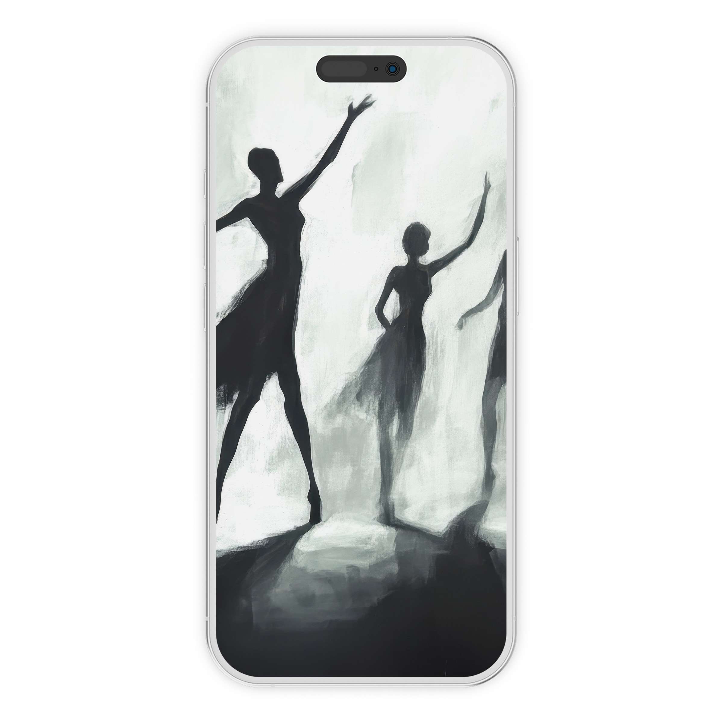 Elegant black and white iPhone wallpaper depicting graceful dancer silhouettes creates a serene phone background, perfect for digital download